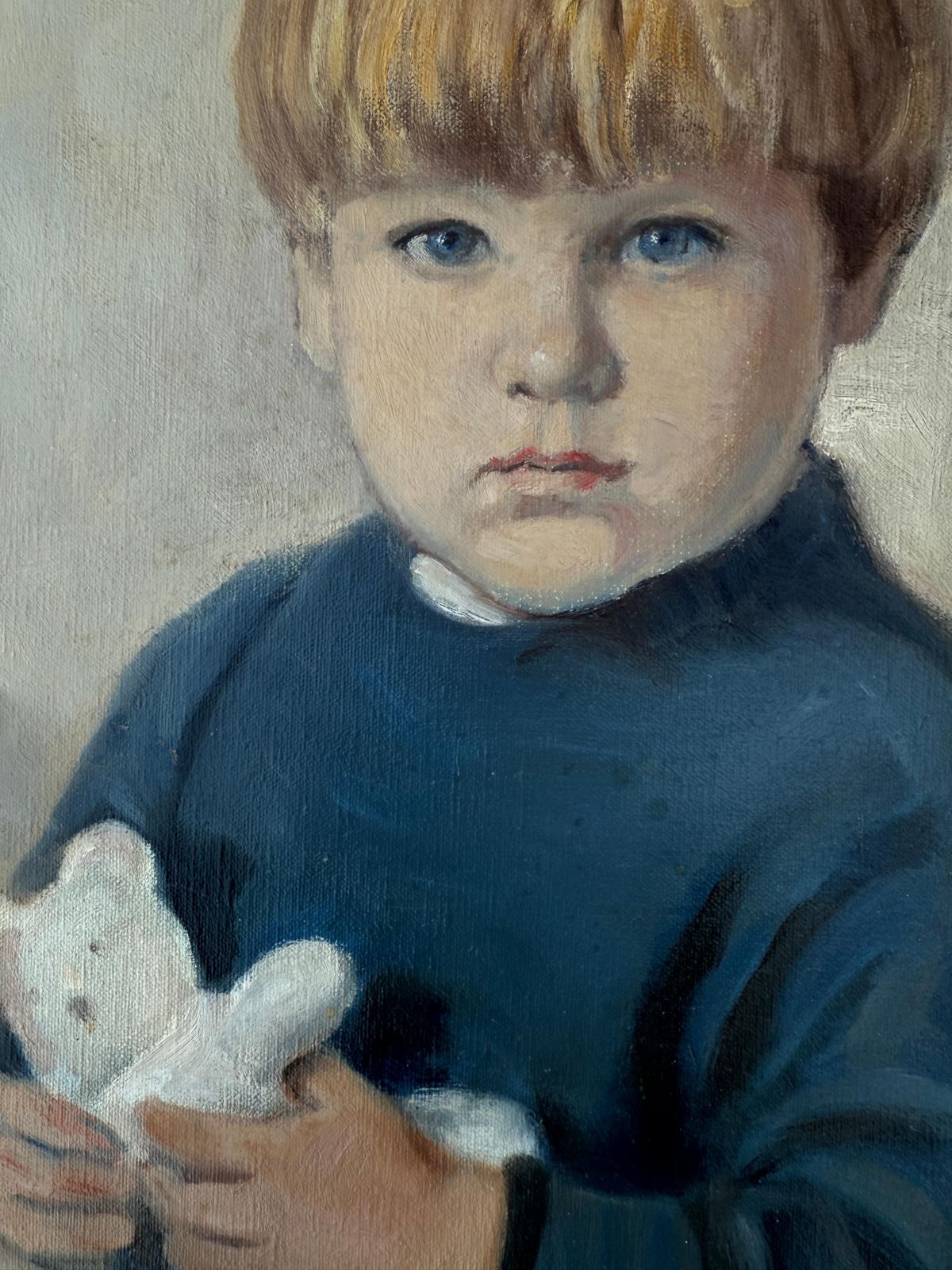 Bernard Leemker Portrait Of A Boy With Teddy Bear Oil On Canvas Painting 1984 photo 750.0