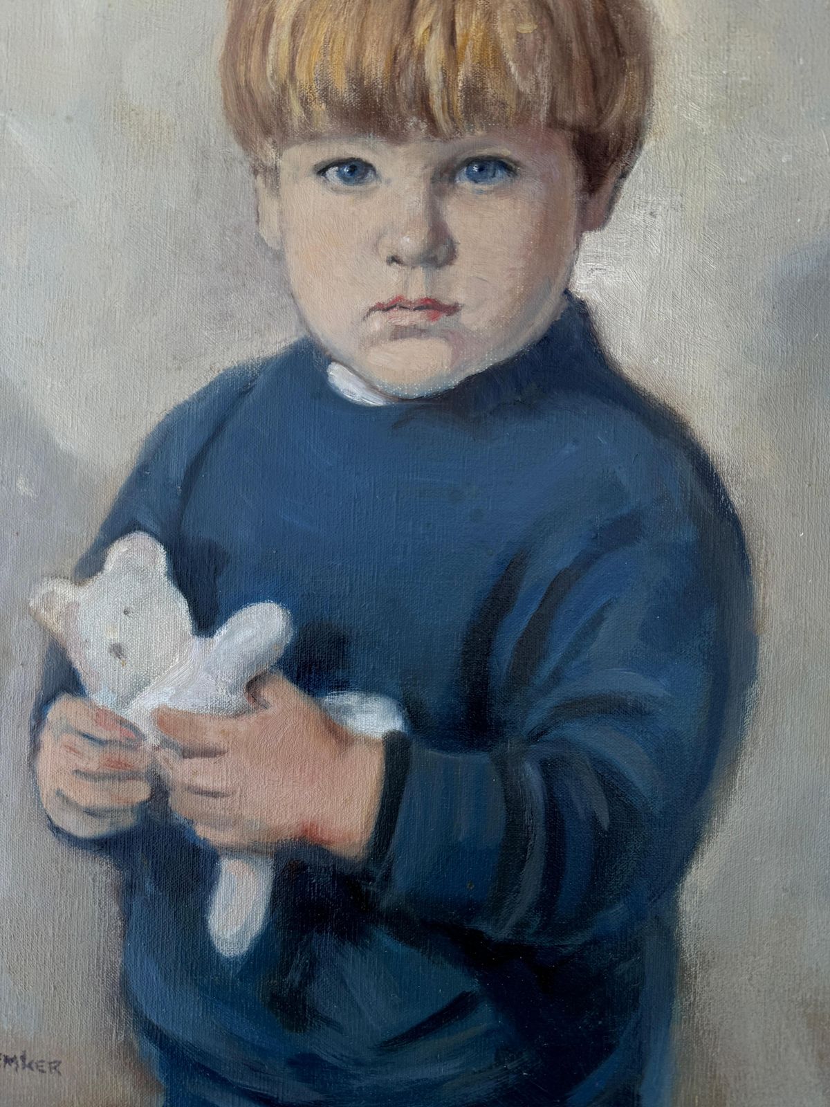 Bernard Leemker Portrait Of A Boy With Teddy Bear Oil On Canvas Painting 1984 photo buy
