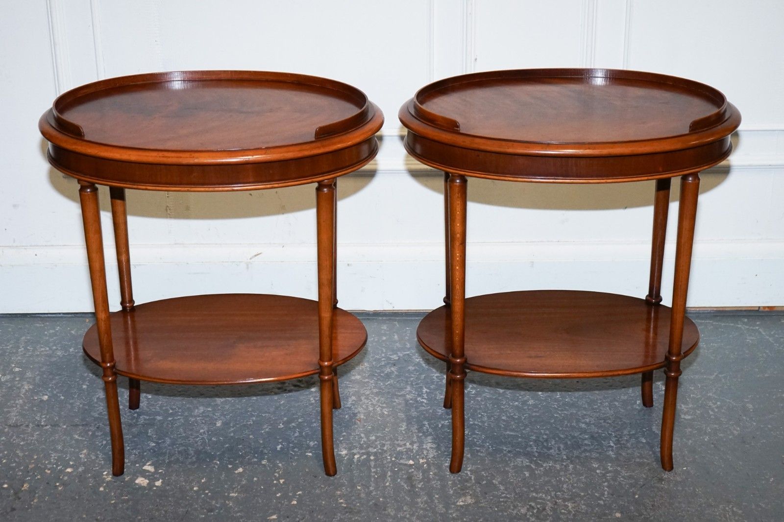 Vintage Pair Of Flamed Mahogany Oval Side End Wine Lamp Table Gallery Rail Top photo for sale