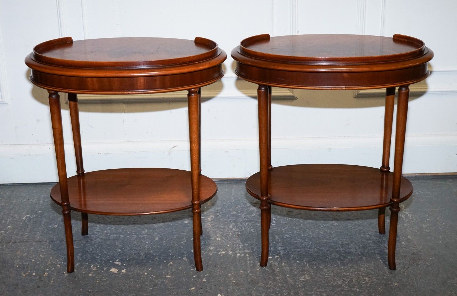 Vintage Pair Of Flamed Mahogany Oval Side End Wine Lamp Table Gallery Rail Top photo vinterior