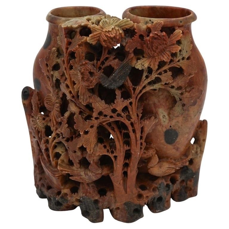 Early 20th Centry Oriental Chinese Hand Carved Soapstone Decorative Vases