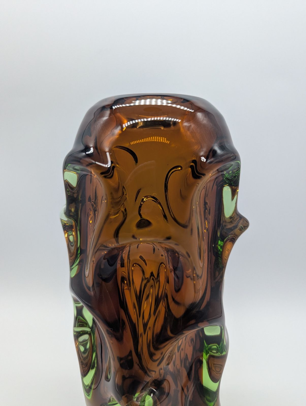 photo for sale 1960s Czech Amber & Green Sommerso “Brain” Vase, Attributed To Pavel Hlava For Borske Sklo (28 Cm)