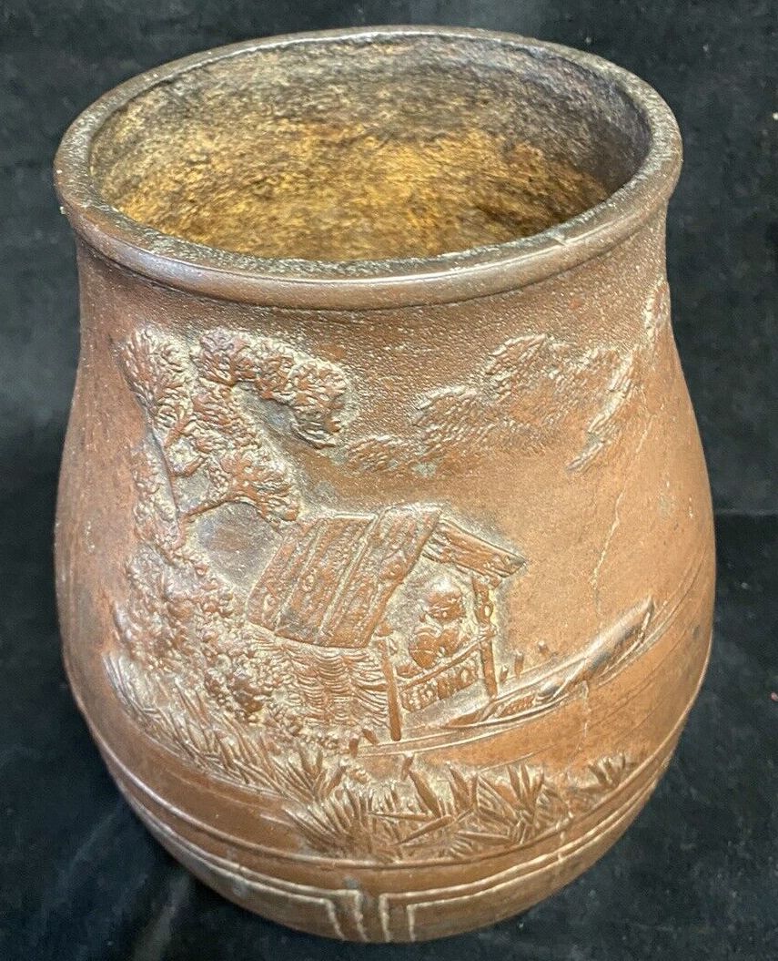 Oriental Finely Cast Vase With Waterscape Bamboo Boat House On Stilts photo furniture