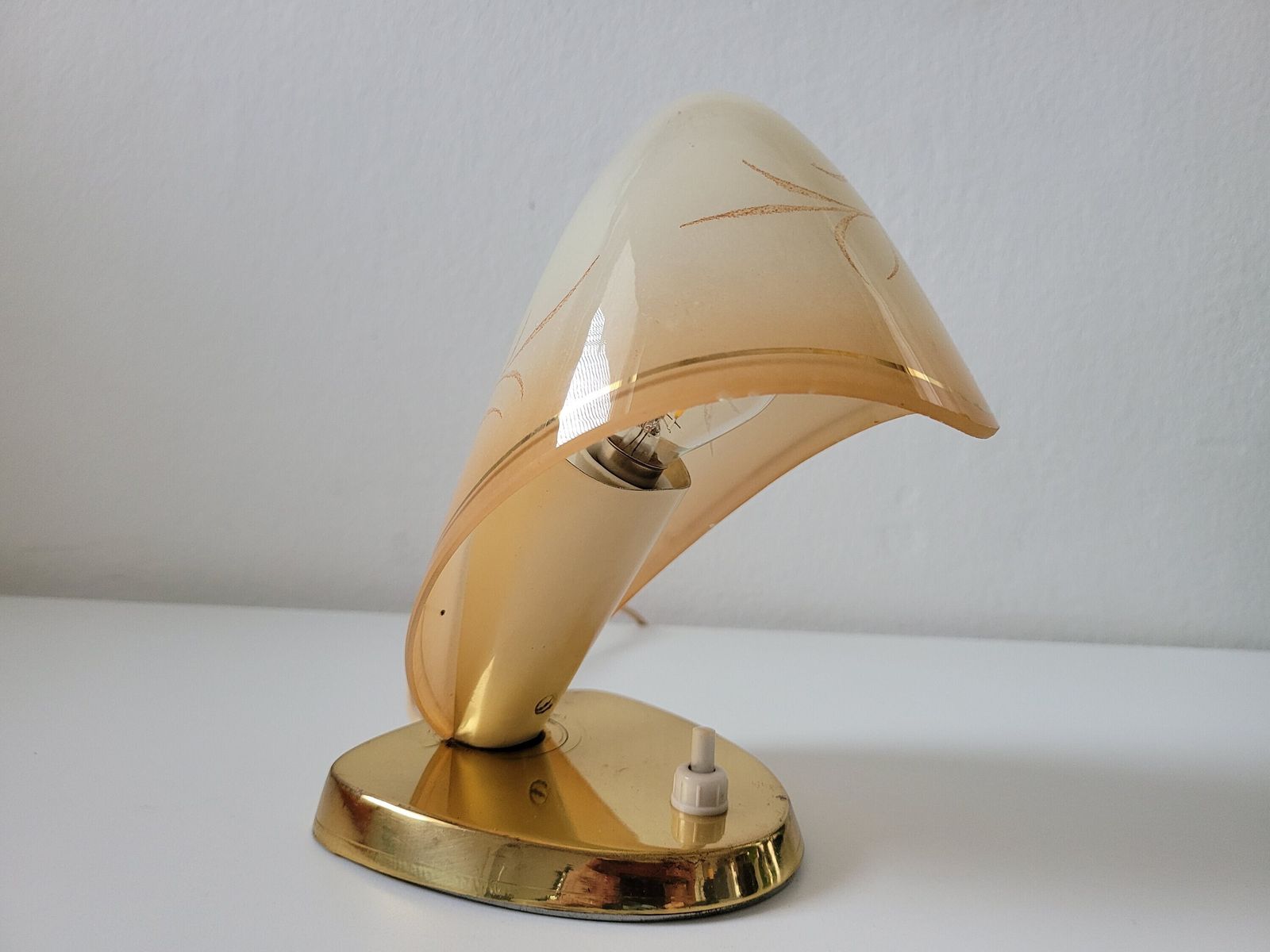 Rupert Nikoll Vintage Table Lamp: Beige Glass, Gold Metal, Mid Century Desk Lamp photo furniture