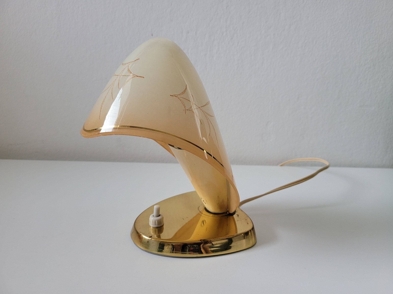 Rupert Nikoll Vintage Table Lamp: Beige Glass, Gold Metal, Mid Century Desk Lamp photo Lighting