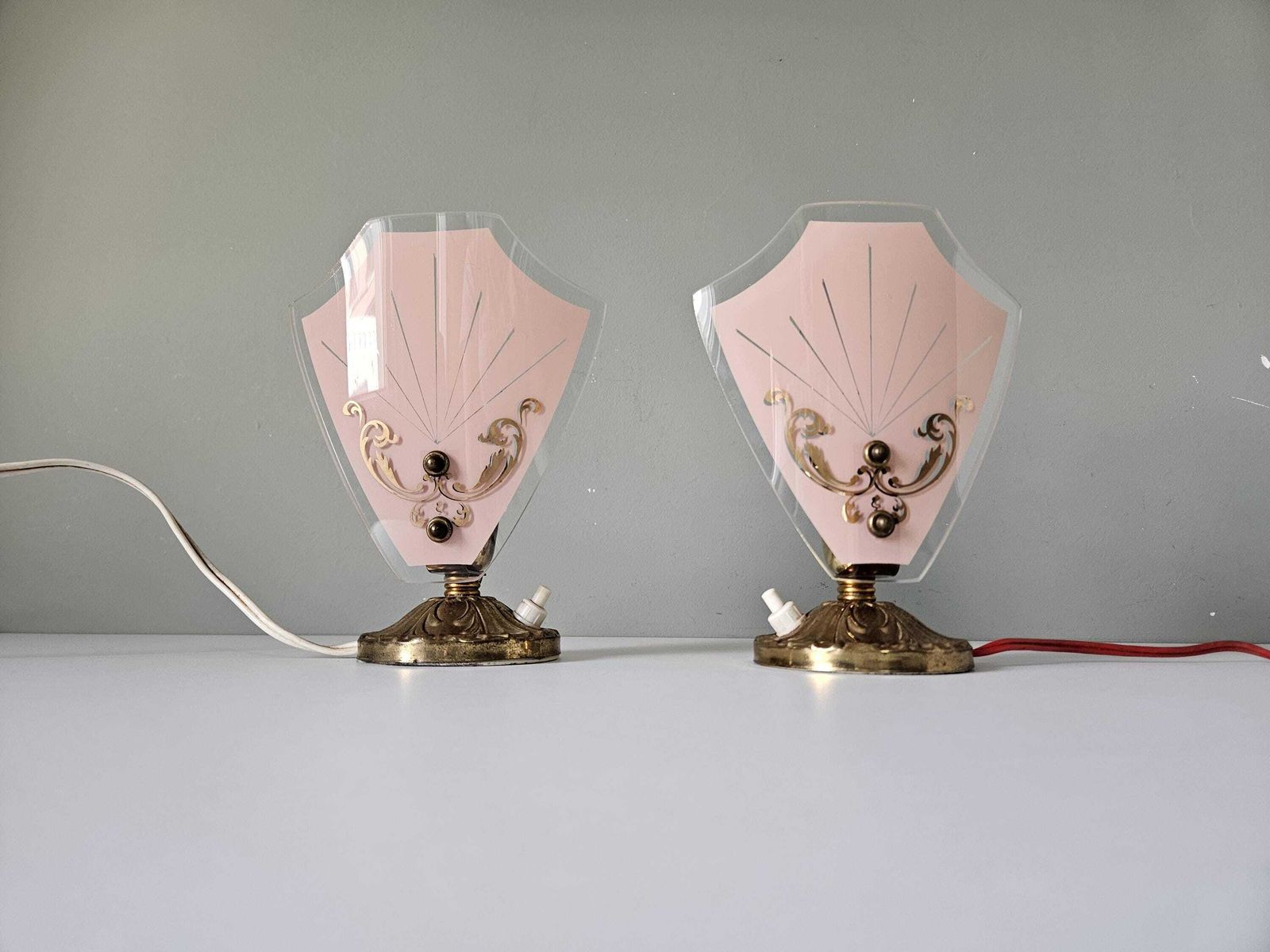 Pair Of Vintage Art Deco Table Lamps | Pink Glass & Brass Base | 1950s Bedside Lights photo Lighting