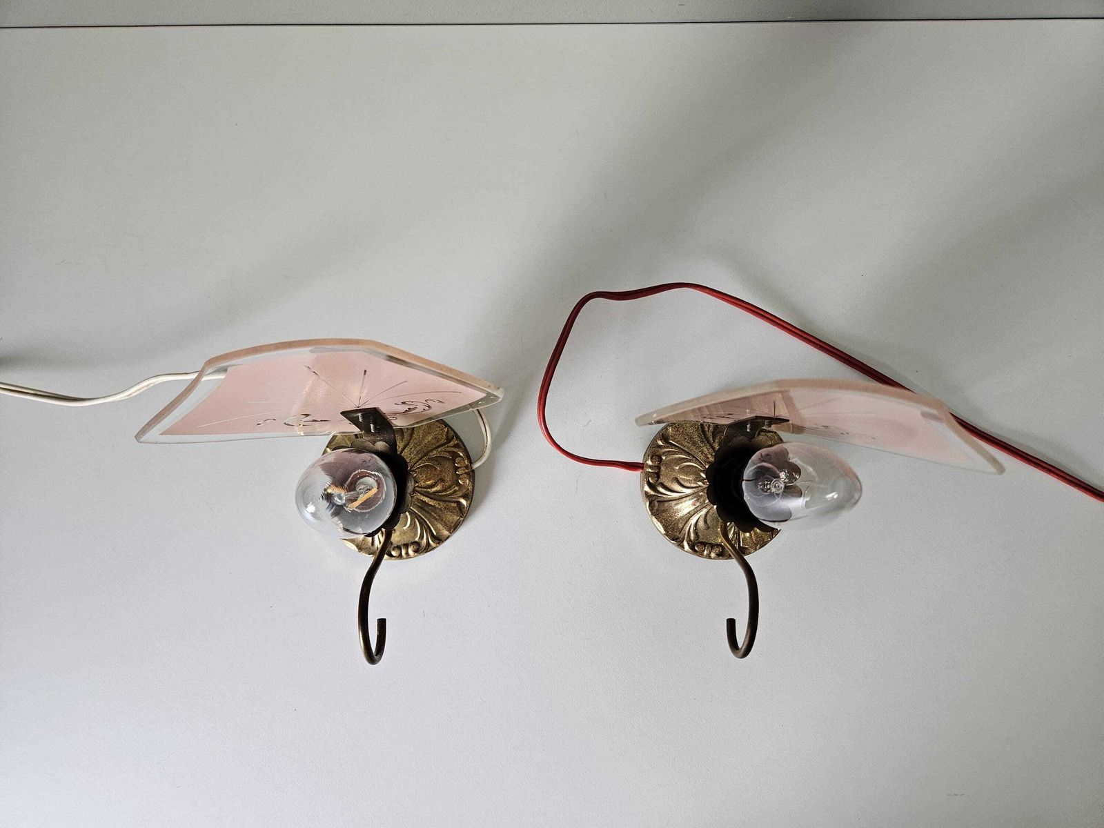 Lighting Pair Of Vintage Art Deco Table Lamps | Pink Glass & Brass Base | 1950s Bedside Lights photo