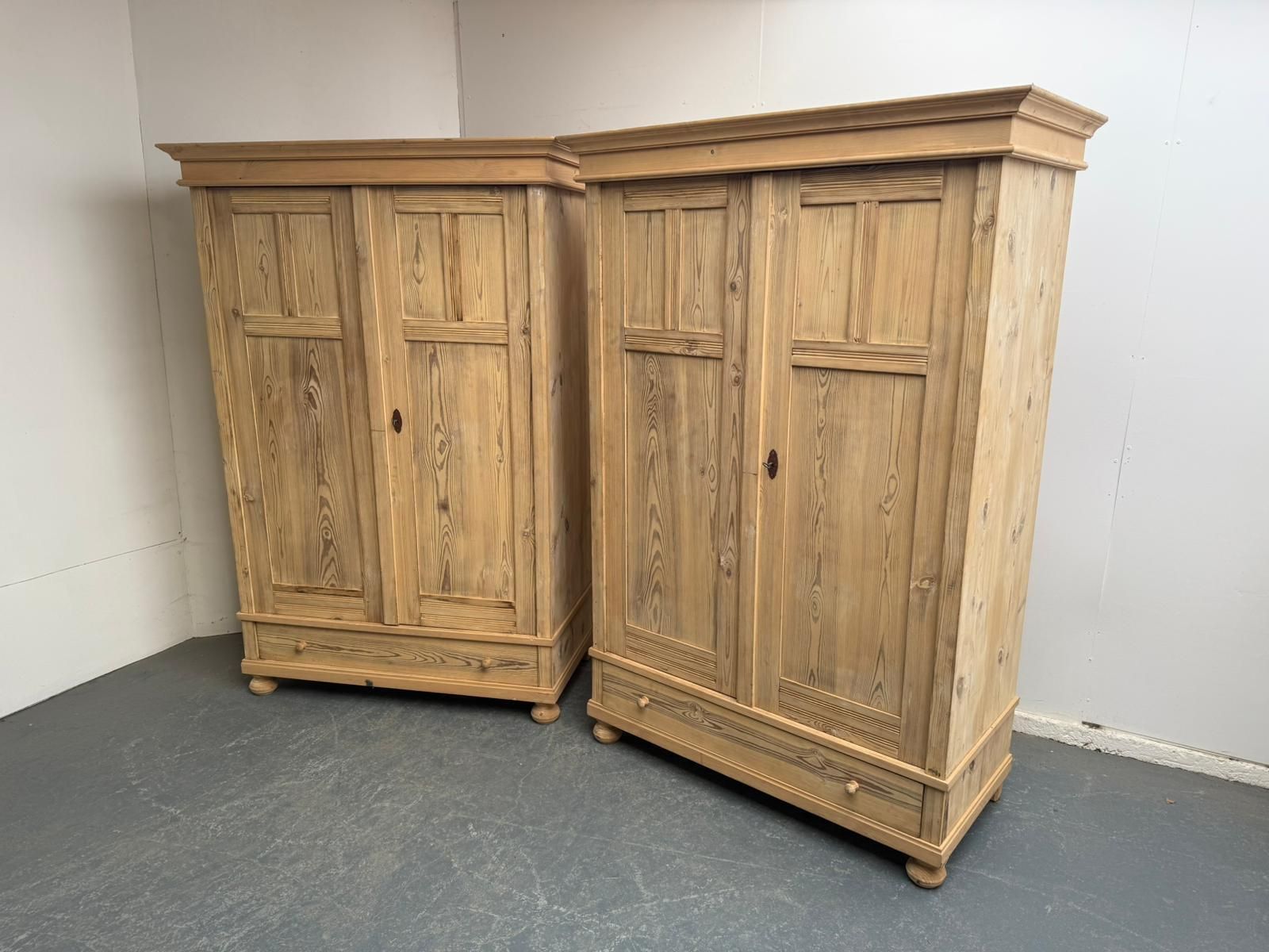 A Quality Pair Of Antique Pine Reeded Knockdown Wardrobes To Wax /Paint