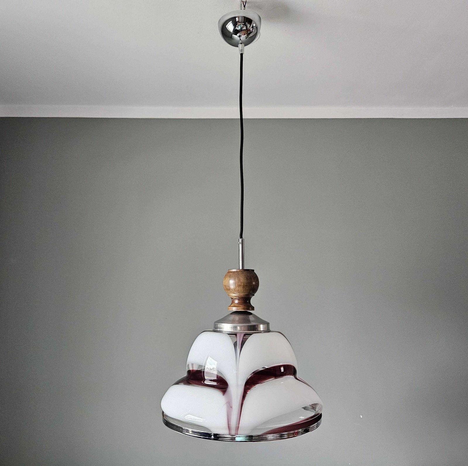 Vintage Pendant Light | White & Burgundy Glass Shade, Wood Detail photo Lighting