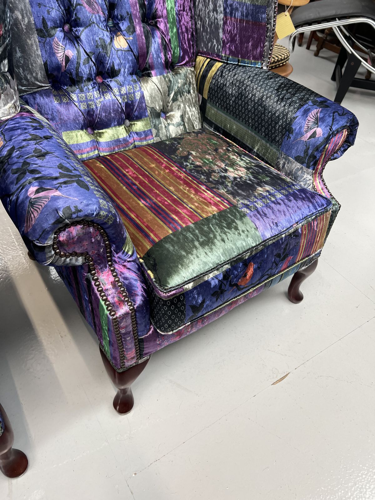 Pair Of Printed Fabric Wing Armchairs With Unusual Design photo furniture