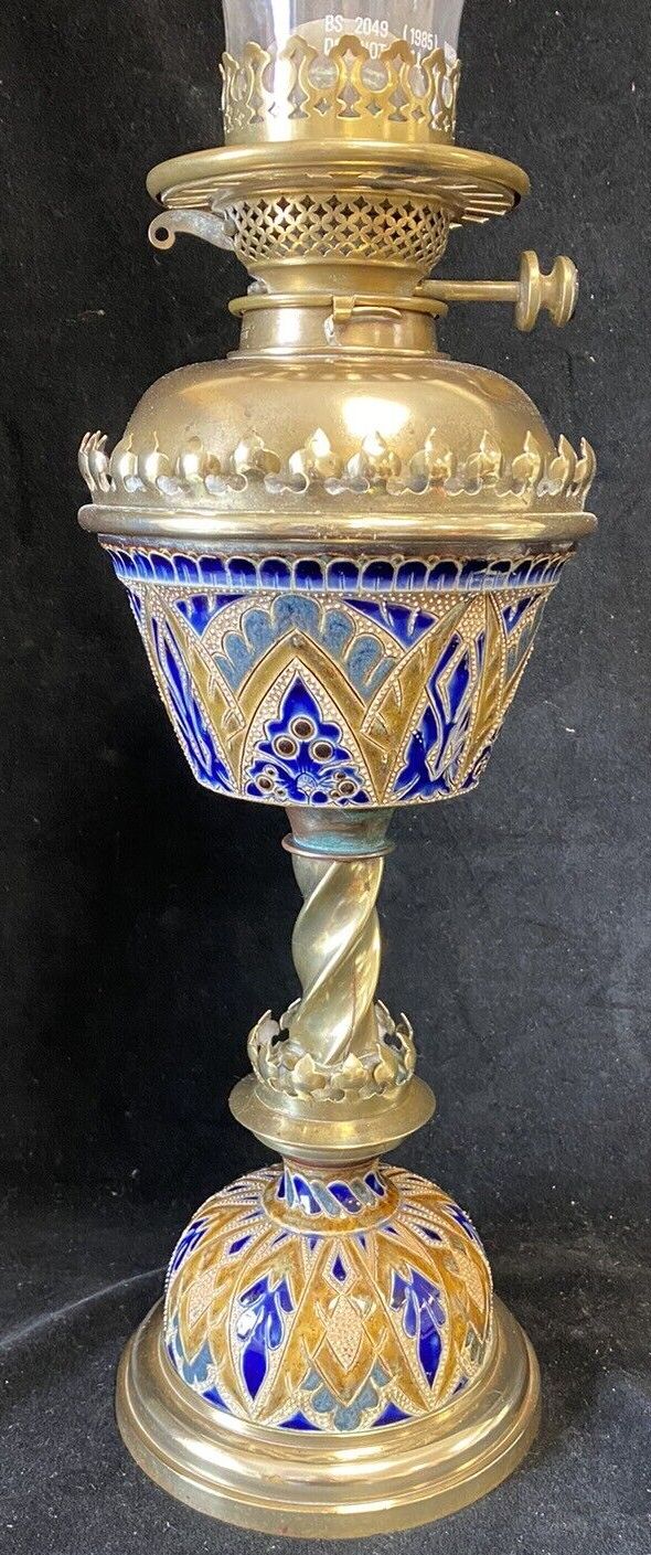 Beautiful Doulton Lambeth Stoneware Oil Lamp By J Hinks & Son photo furniture