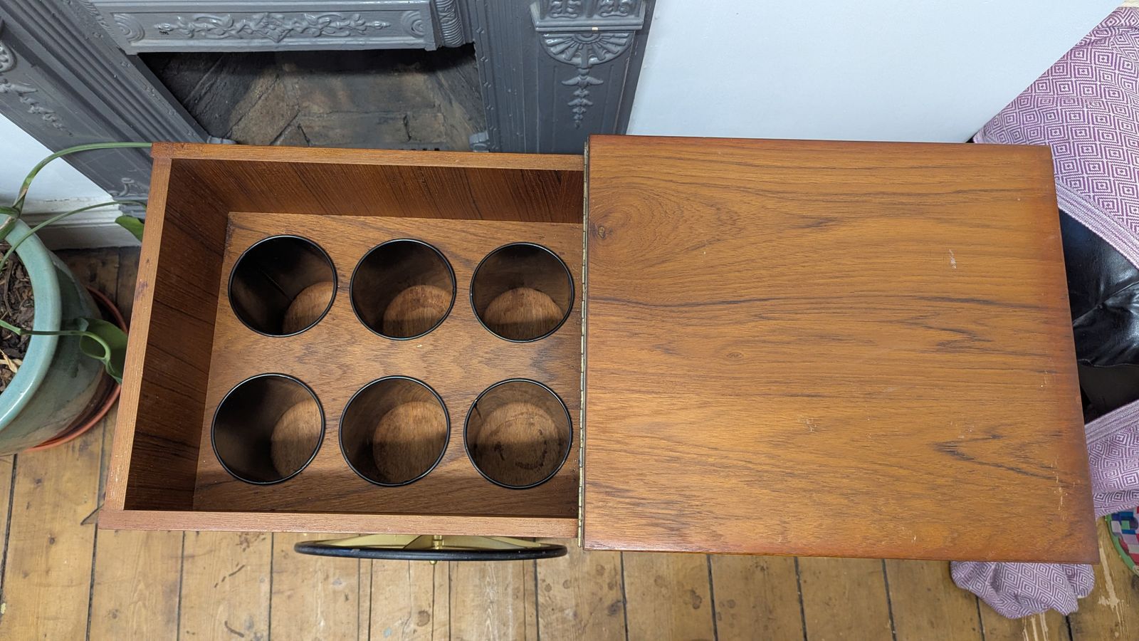 Vintage Mcm Teak Bar Cart / Drinks Cabinet, Gold Wheels photo furniture