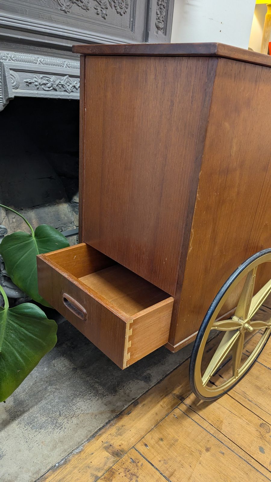 Vintage Mcm Teak Bar Cart / Drinks Cabinet, Gold Wheels photo for sale