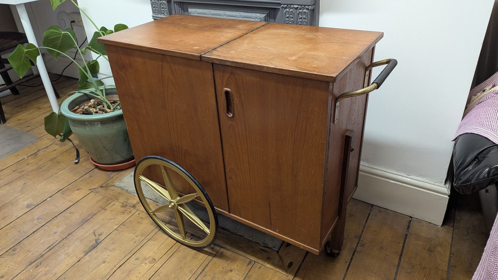 Vintage Mcm Teak Bar Cart / Drinks Cabinet, Gold Wheels