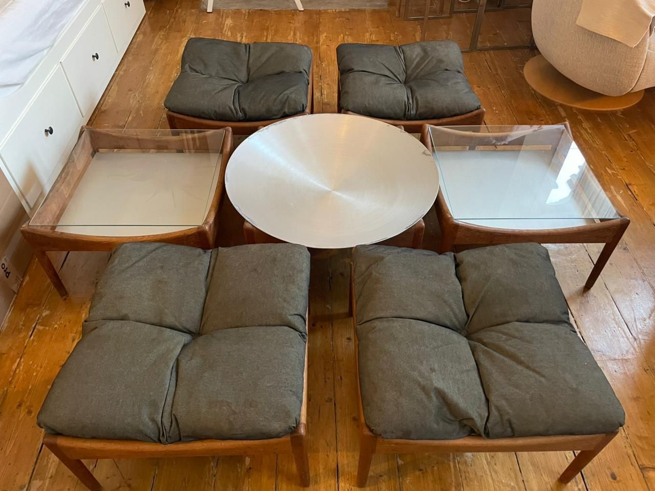 Danish Set With By Kristian Vedel, 1960s. 4 Seats, 2 Glass Top Coffee T, 1 Rose Bowl/Metal Top T