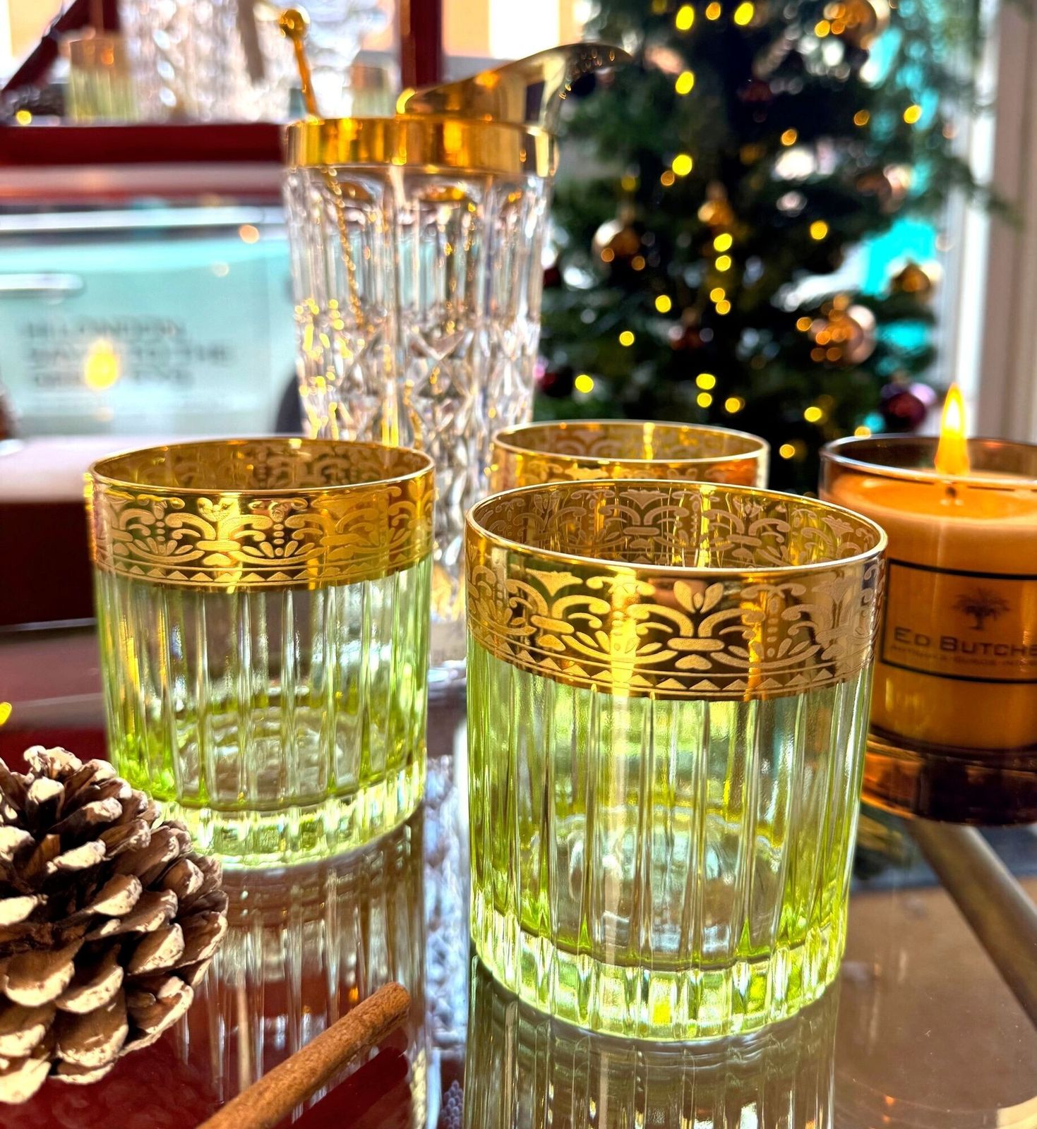 A Set Of Six Italian Artemisia Green Crystal Tumblers With 24 Ct Gold Decoration photo Home Decor