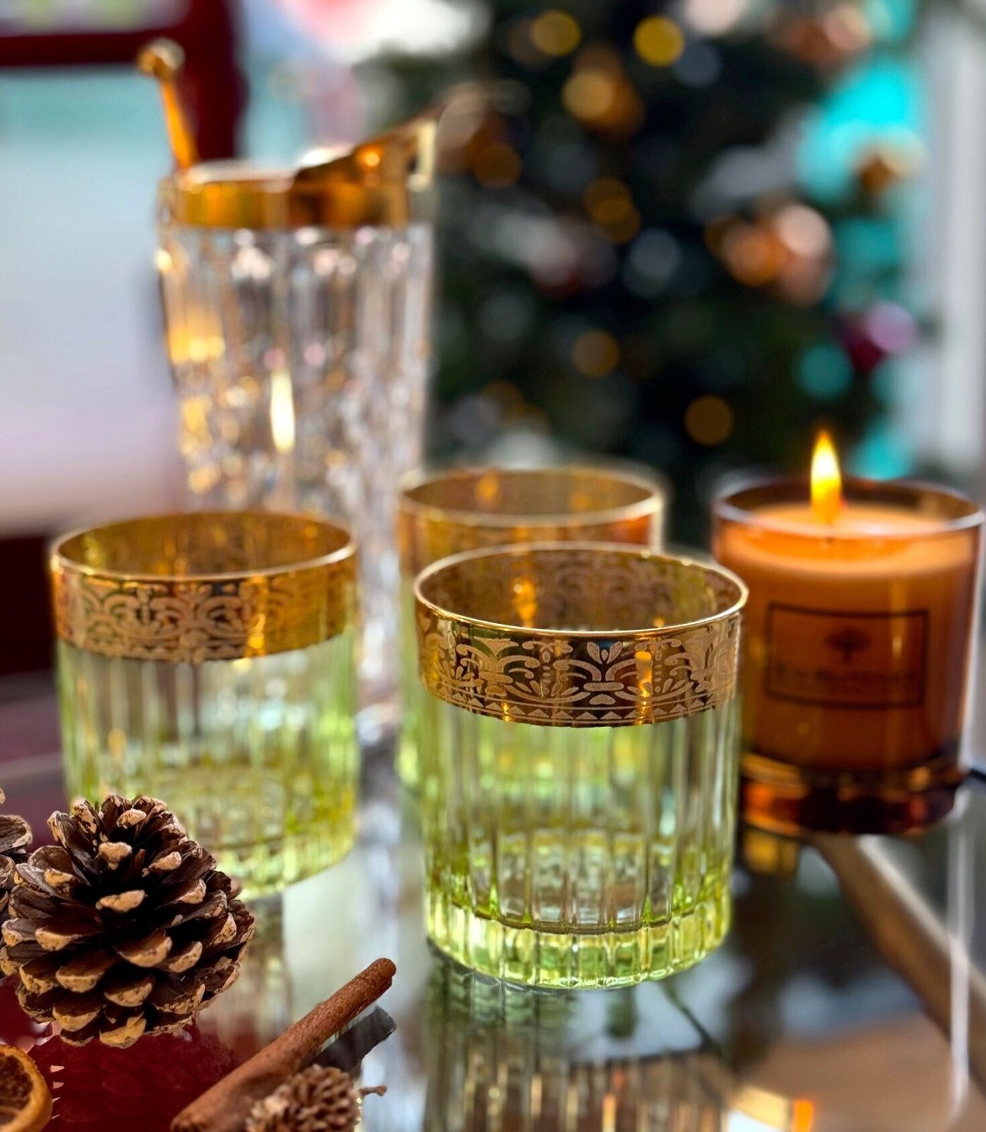 A Set Of Six Italian Artemisia Green Crystal Tumblers With 24 Ct Gold Decoration photo buy