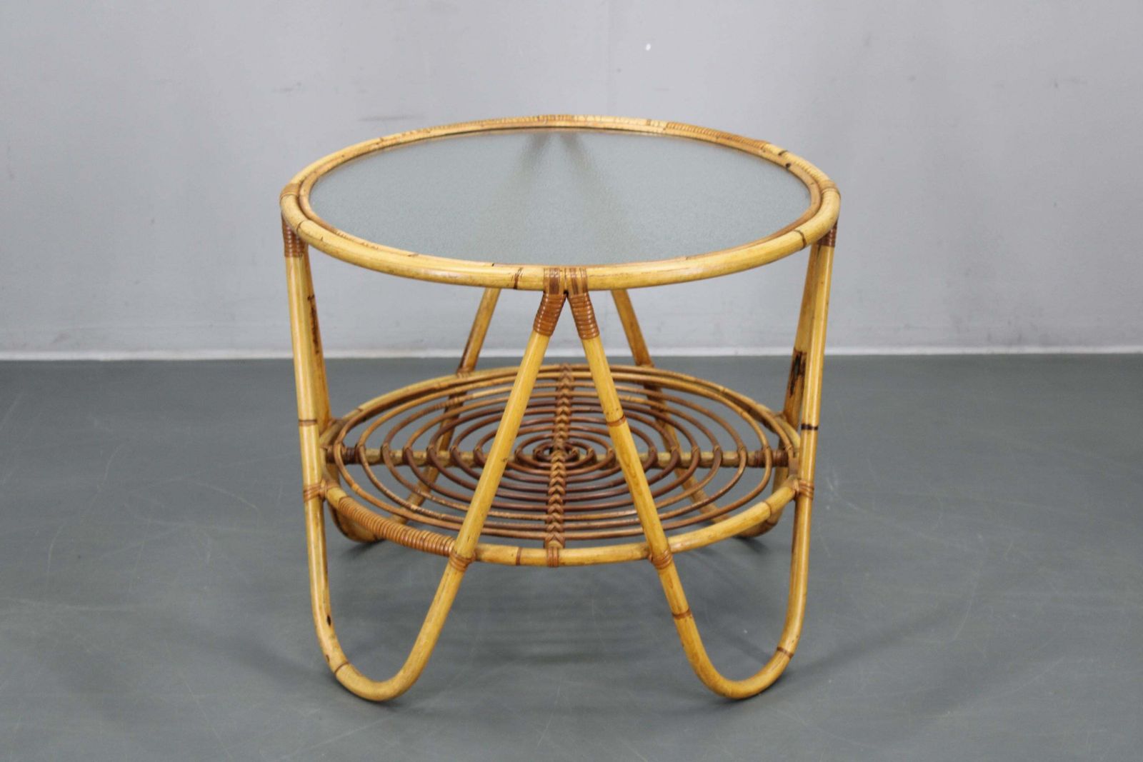 1960s Italian Rattan Coffee Table With Glass Top, Mid Century Round Design photo furniture