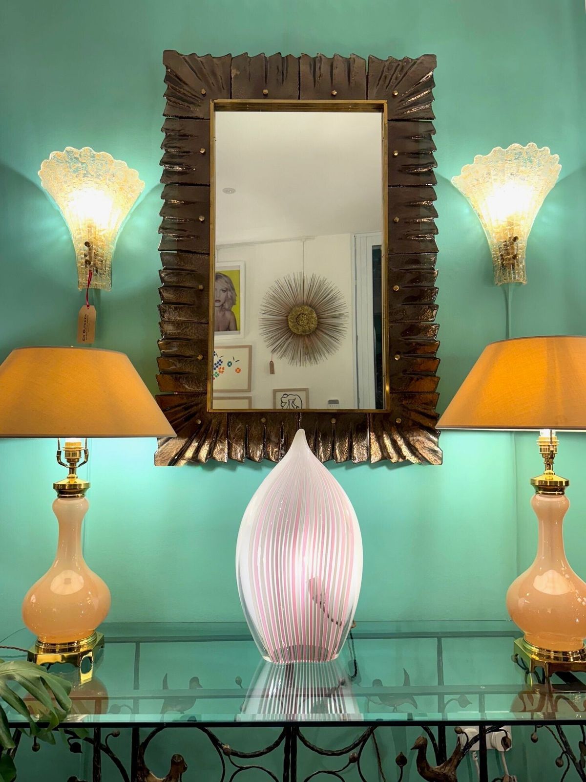 A Stunning Italian Bronze Murano Glass Frammed Mirror With Brass Inner Frame photo furniture