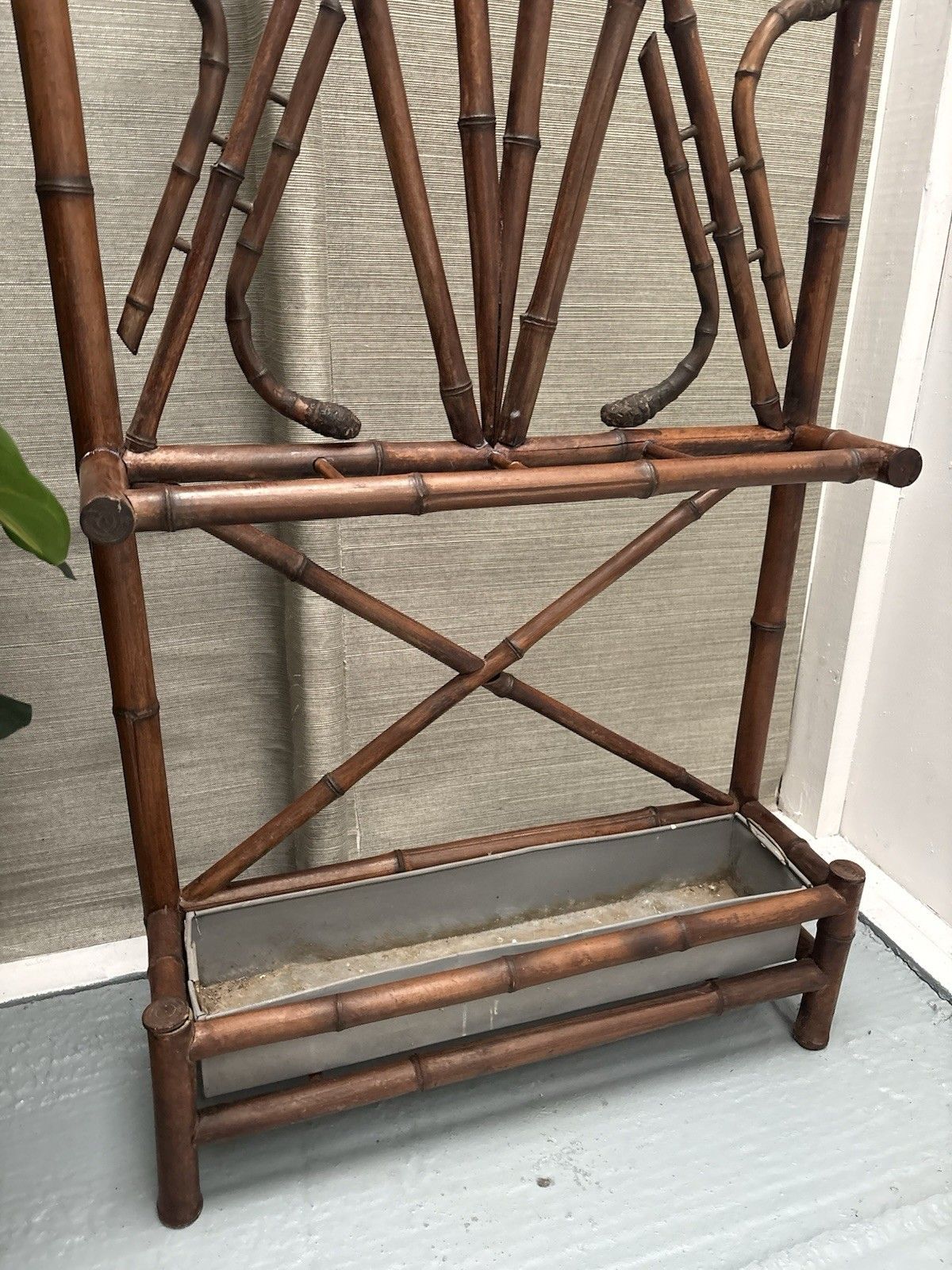 French Antique Bamboo Hat Coat Umbrella Stand Fan Shaped Beveled Mirror 1800s photo vinterior