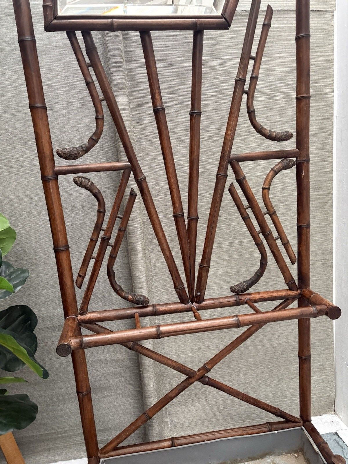 French Antique Bamboo Hat Coat Umbrella Stand Fan Shaped Beveled Mirror 1800s photo buy