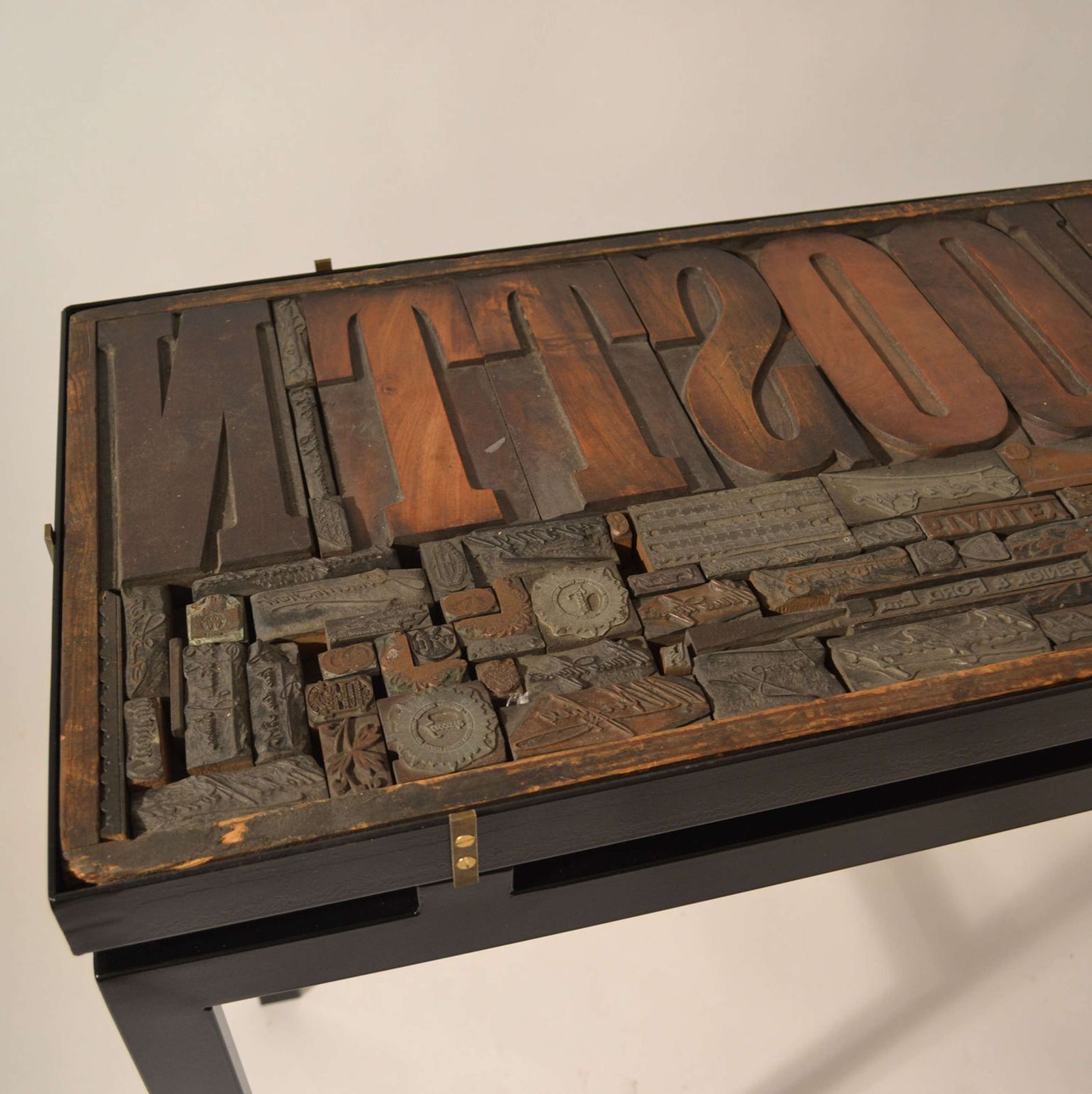 Console With Wood Relief Top And Glass On Black Metal Frame photo 1950.0