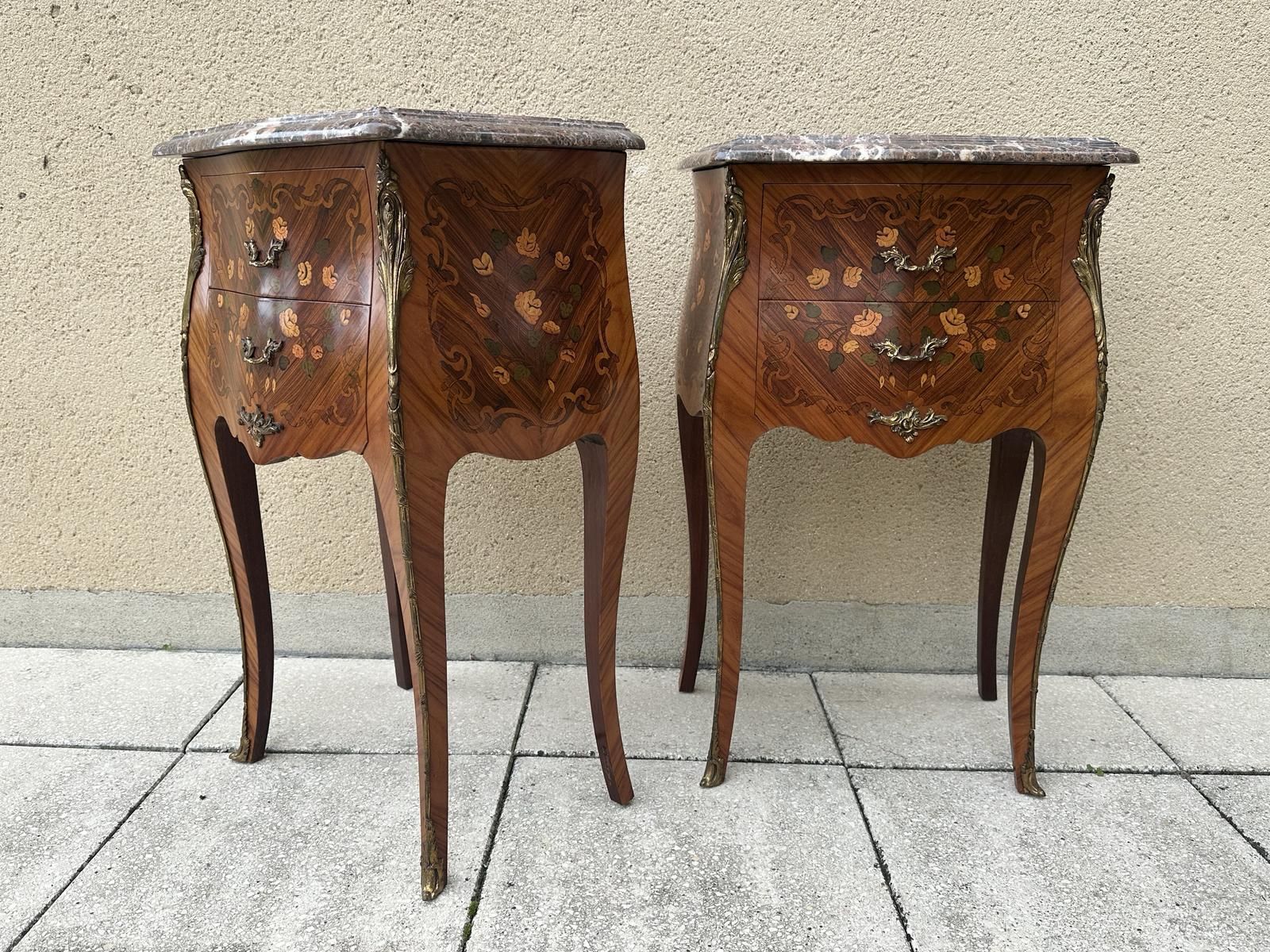 Pair Of French Antique Marquetry Bedside Tables Cabinets photo vinterior