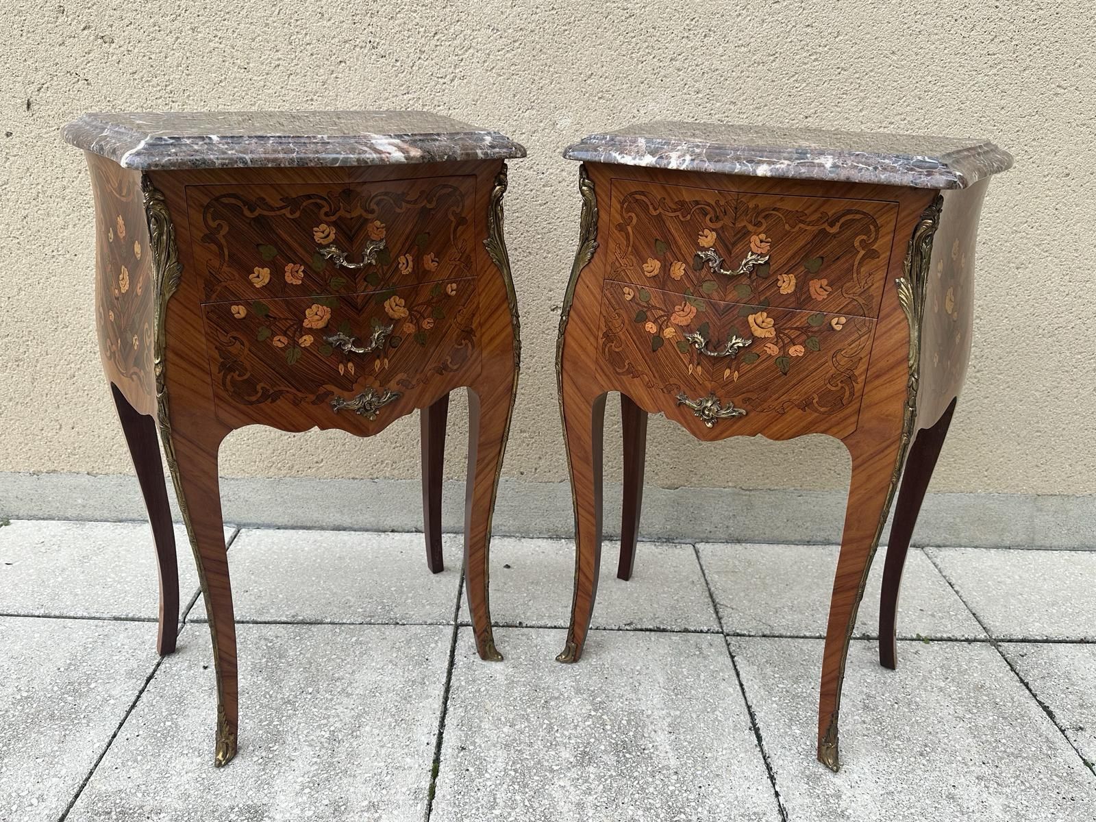 photo furniture Pair Of French Antique Marquetry Bedside Tables Cabinets
