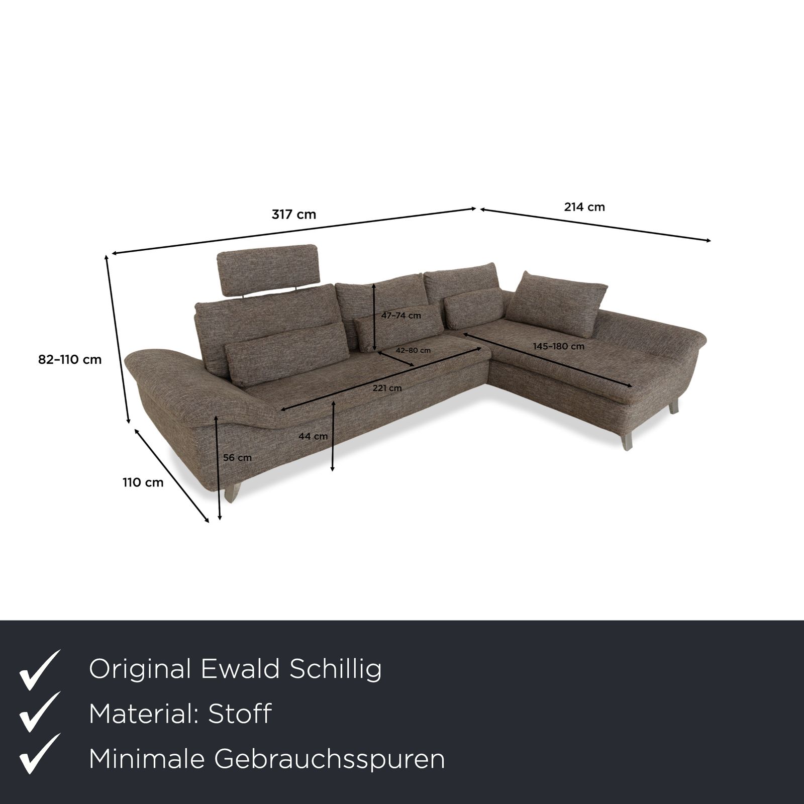Ewald Schillig Dragon Fabric Corner Sofa Grey Manual Function photo furniture