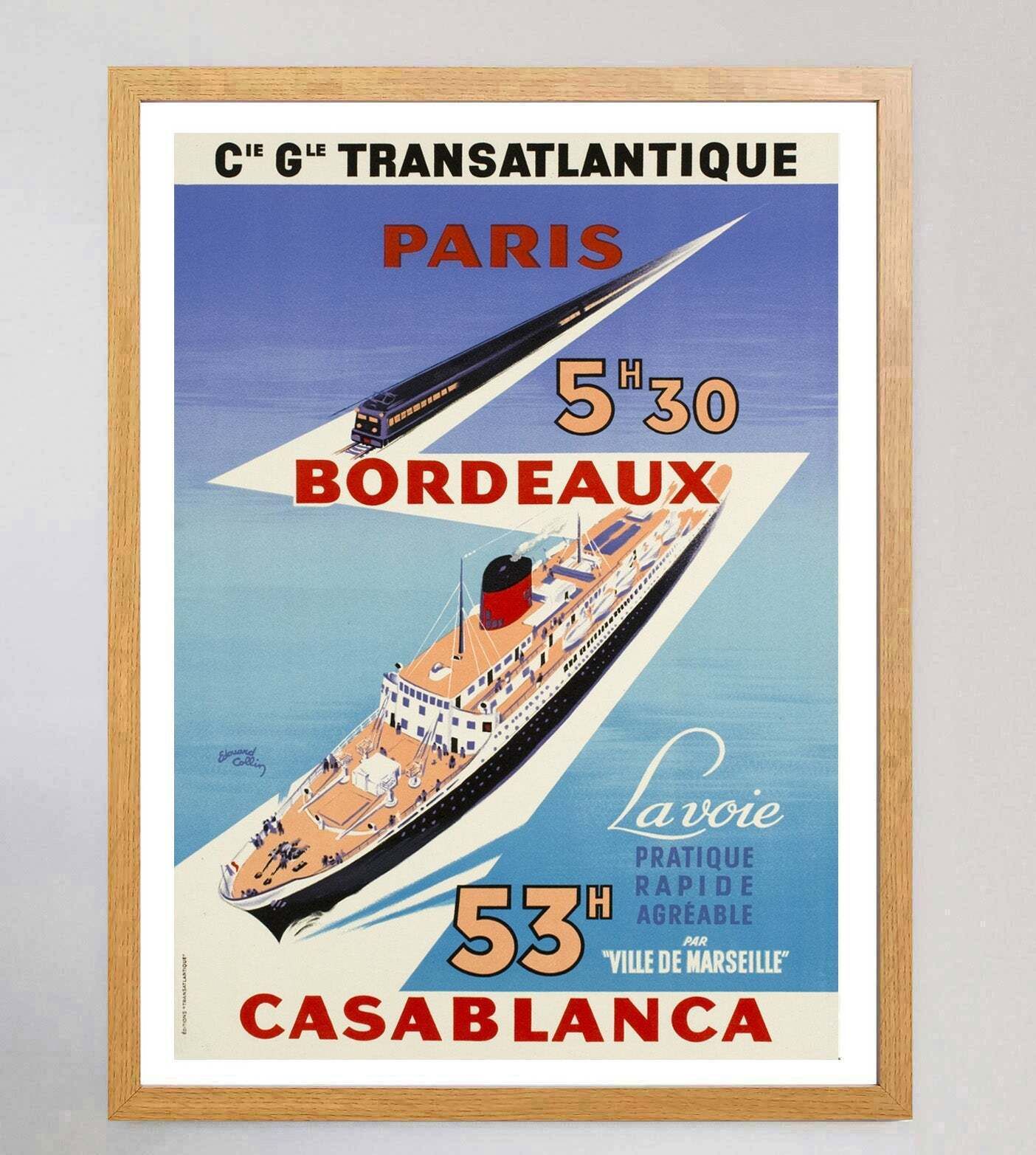 Cie Gle Transatlantique   Paris, Bordeaux, Casablanca Original Vintage Poster photo Art