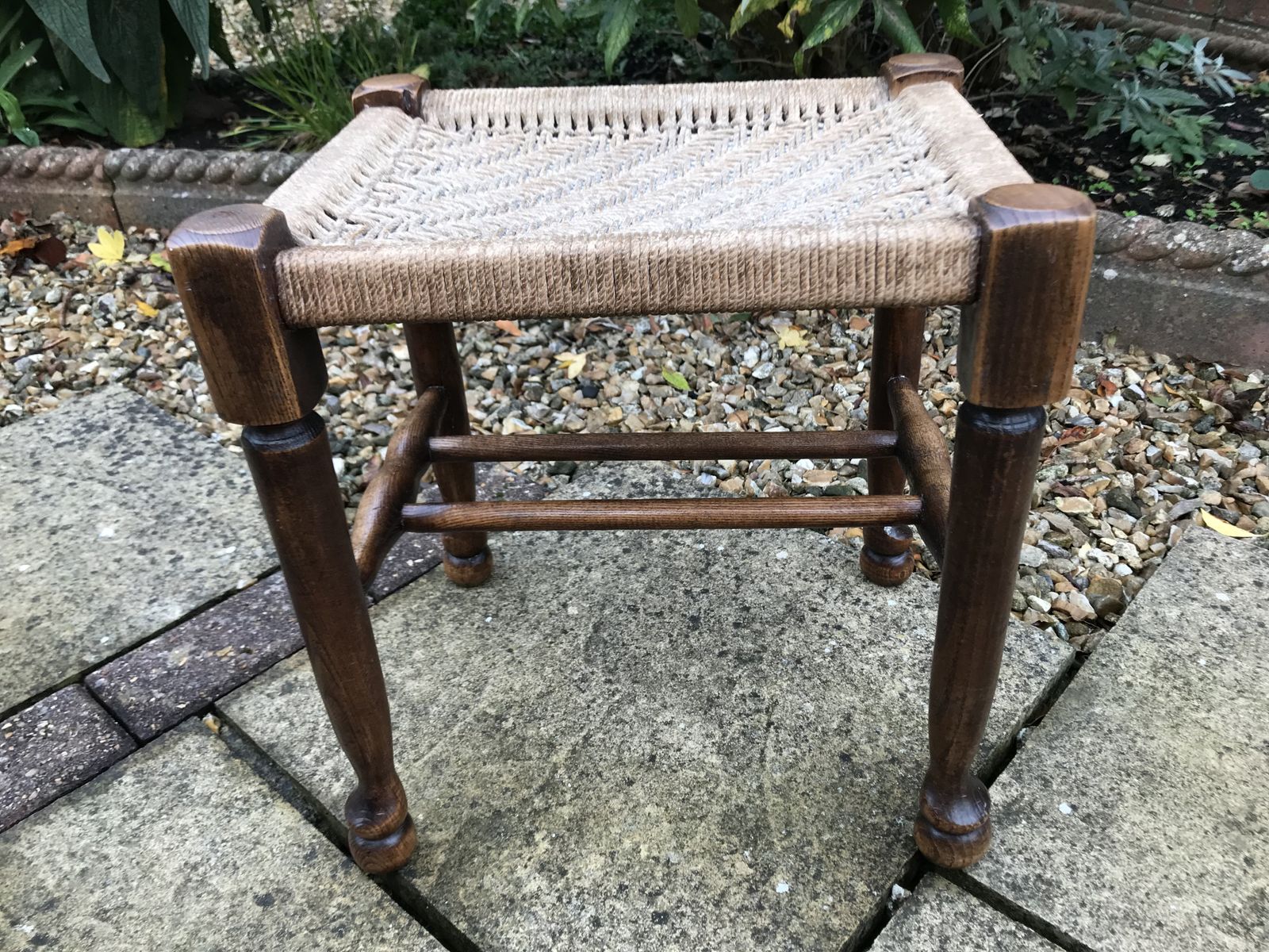 Antique Oak Padfoot Footstool With Woven String Seat