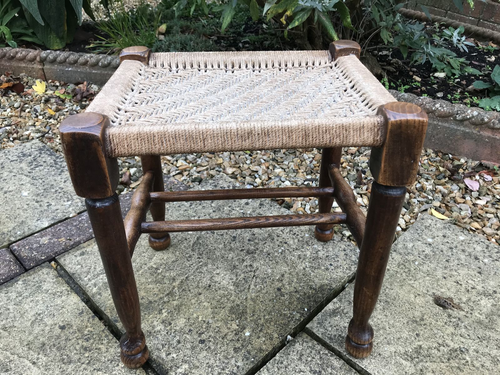 Antique Oak Padfoot Footstool With Woven String Seat photo for sale