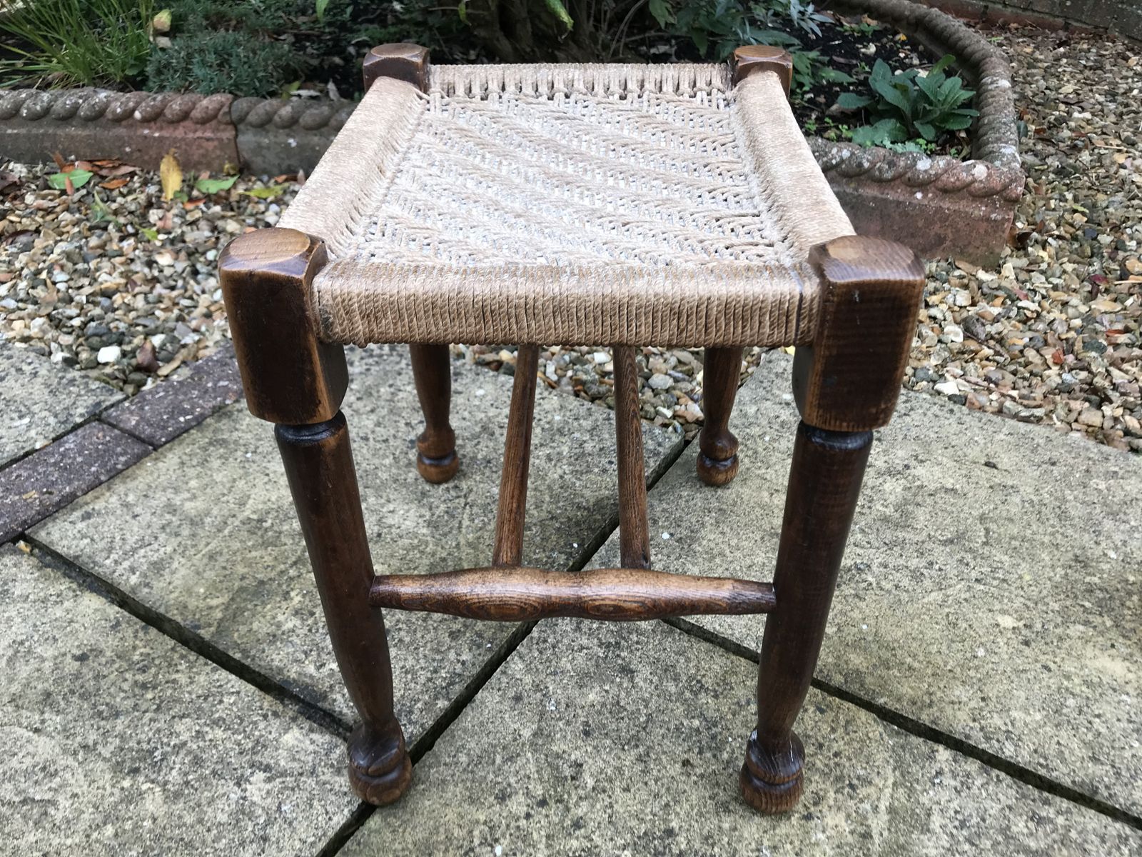 Antique Oak Padfoot Footstool With Woven String Seat photo 58.0