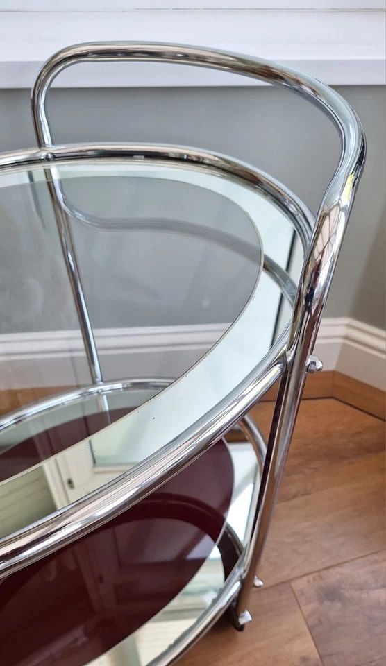 Art Deco Rolling Bar / Drinks Cart/ Trolley Of Chrome & Mirrored Glass photo buy