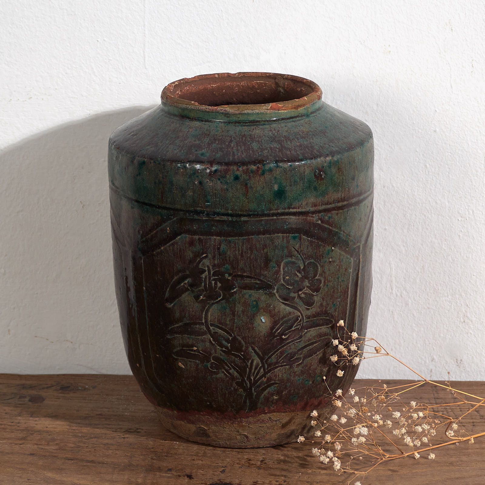 Antique Oriental Vase With Floral Relief (C.1820) #38