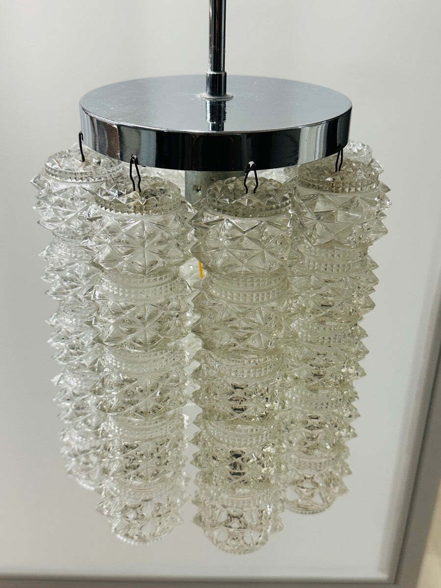 photo buy 1960s Austrian Kalmar Lighting Crystal Faceted Tubular Glass & Polished Chrome Chandelier