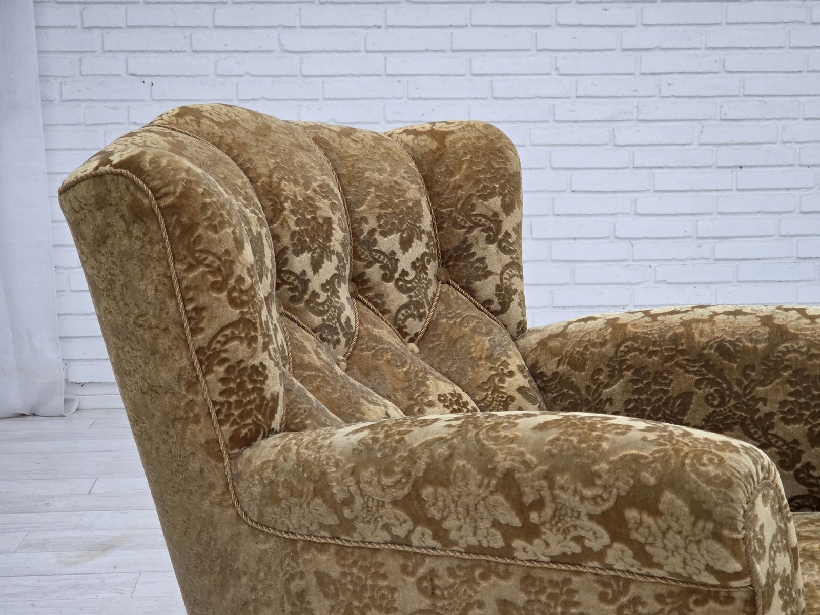 1950s, Danish Relax Armchair, Furniture Velour, Carved Oak Wood. photo for sale