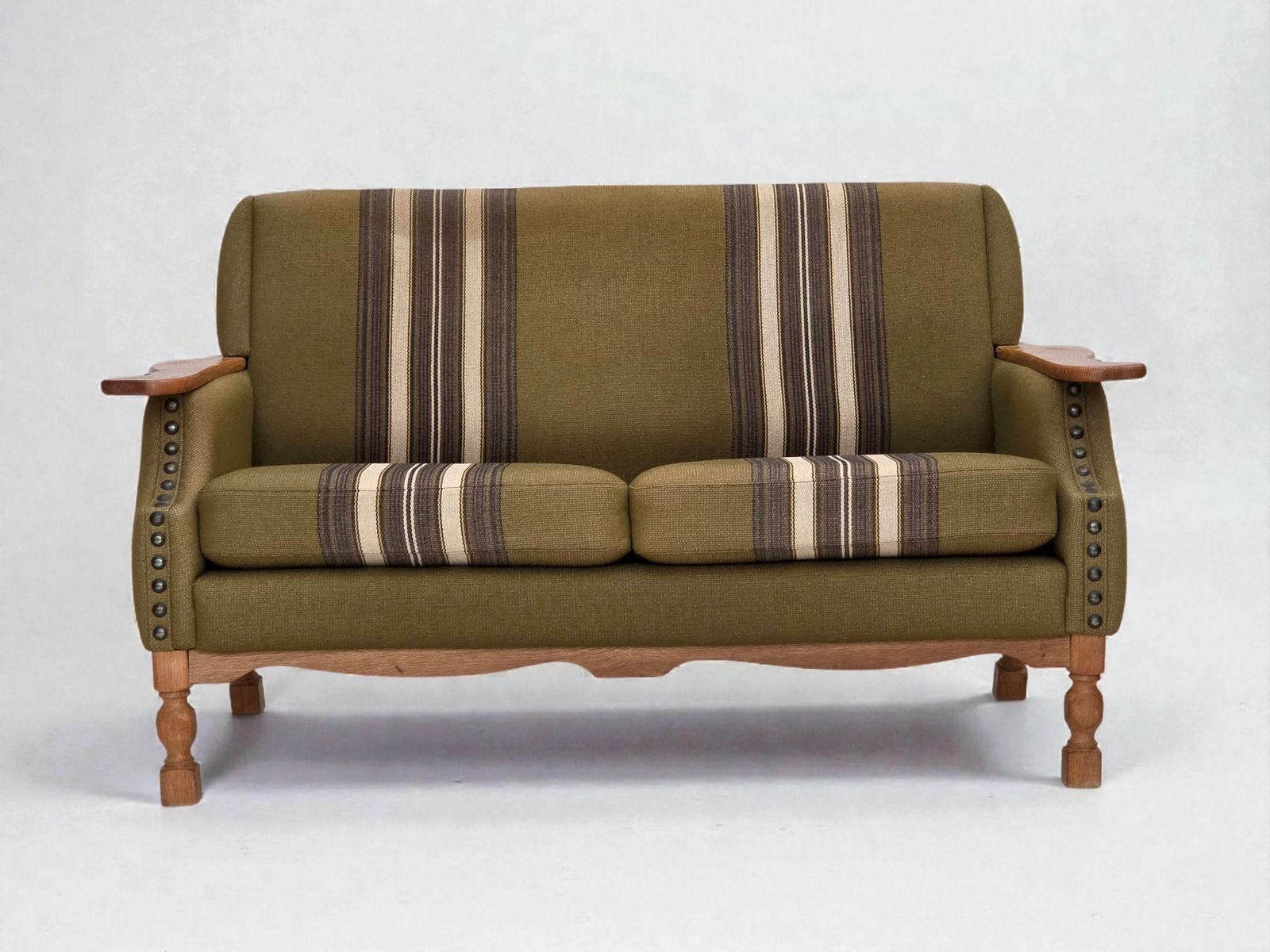 1970s, Danish 2 Seater Sofa, Green Furniture Wool, Oak Wood.