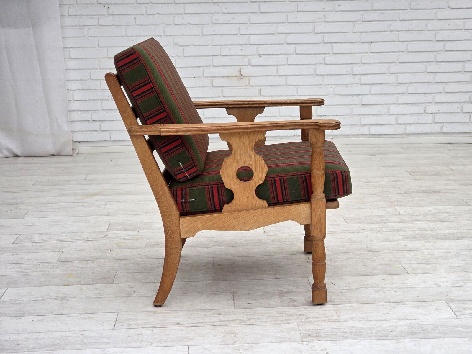 1970s, Danish Armchair, Green Furniture Wool, Solid Oak Wood. photo for sale