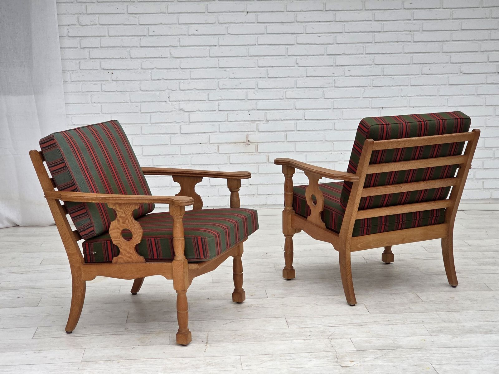 photo buy 1970s, Danish Armchair, Green Furniture Wool, Solid Oak Wood.