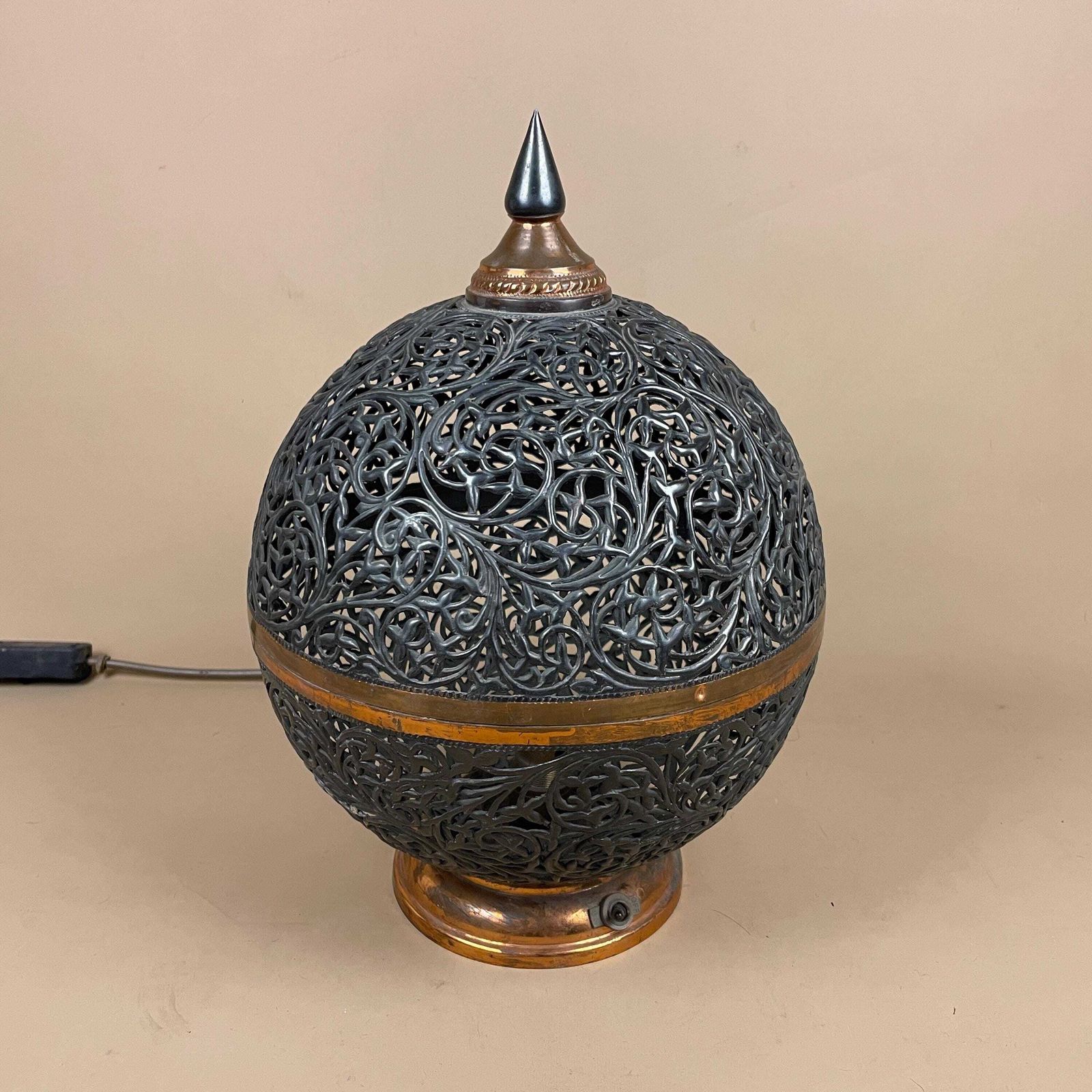 Antique Moroccan Copper Metal Lamp Light Bedside Side Table Desk Ornate Detail Vintage Handmade Patterned Ball Round Lantern Marrakech