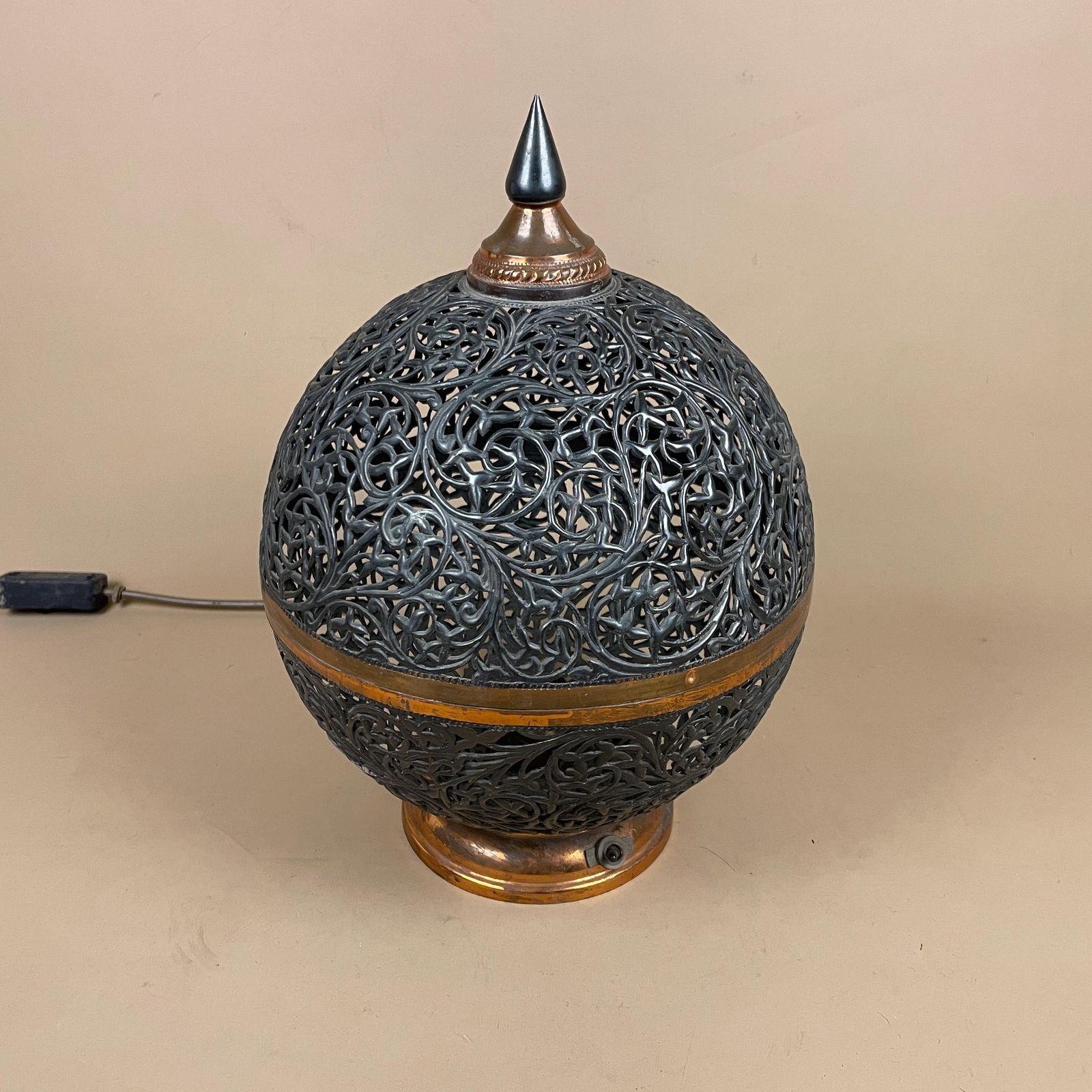 Antique Moroccan Copper Metal Lamp Light Bedside Side Table Desk Ornate Detail Vintage Handmade Patterned Ball Round Lantern Marrakech photo Lighting