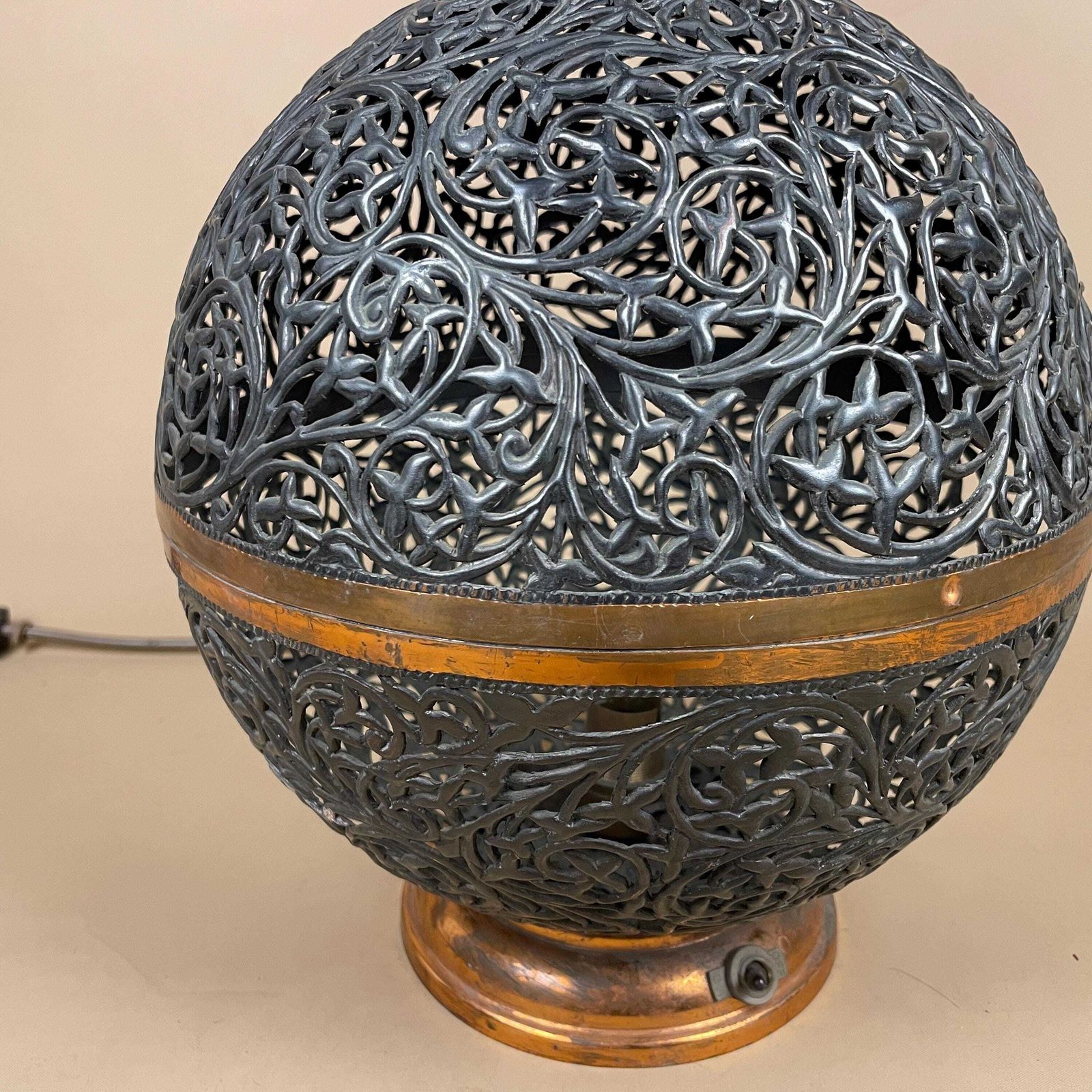 Antique Moroccan Copper Metal Lamp Light Bedside Side Table Desk Ornate Detail Vintage Handmade Patterned Ball Round Lantern Marrakech photo vinterior
