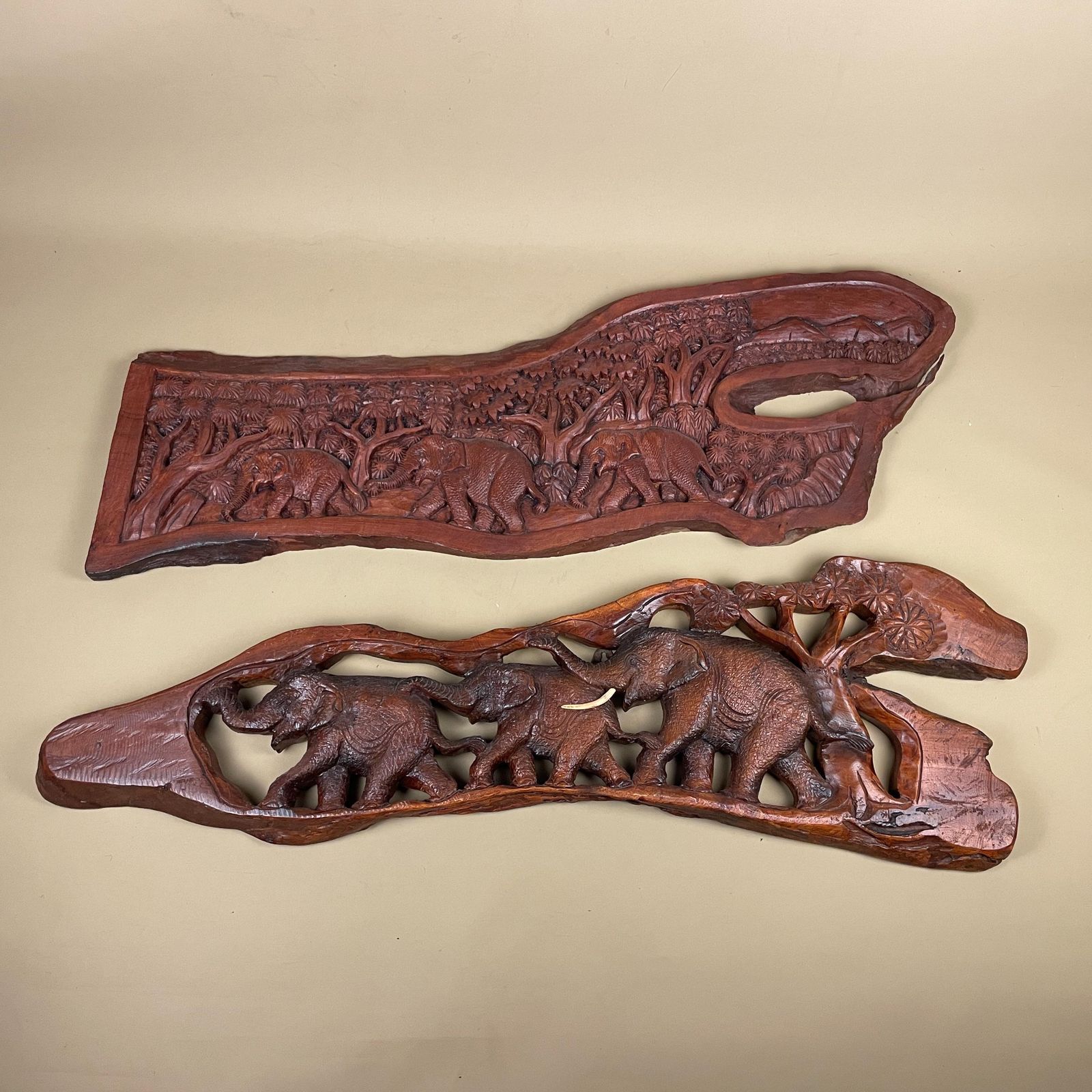 African Carved Elephant Panels Pair Handcrafted Wooden Wall Art Vintage Safari Tribal Carving Wildlife Decor Handmade Africa Folk Art photo furniture