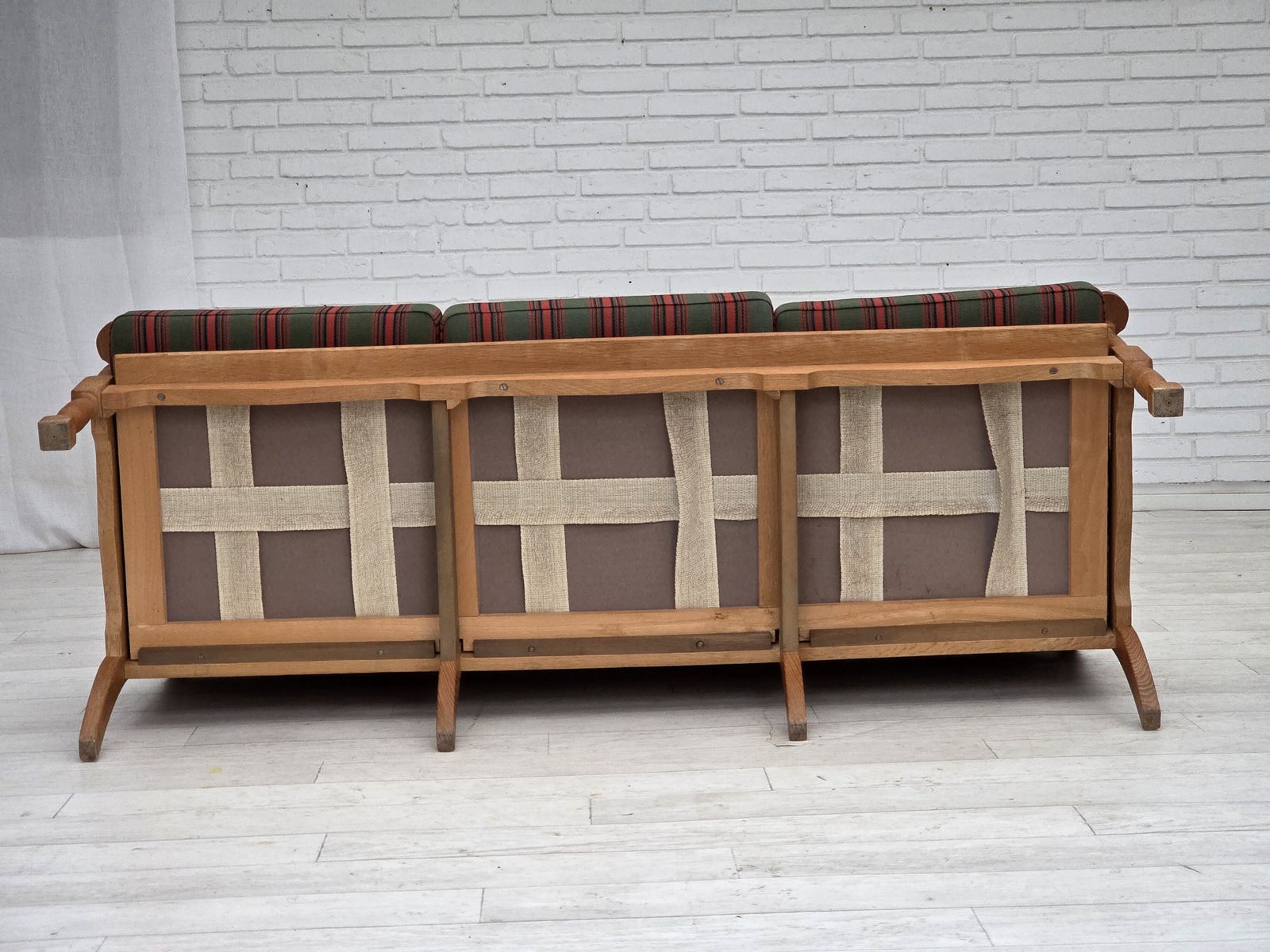 photo furniture 1970s, Danish 3 Seater Sofa, Green Furniture Wool, Oak Wood.
