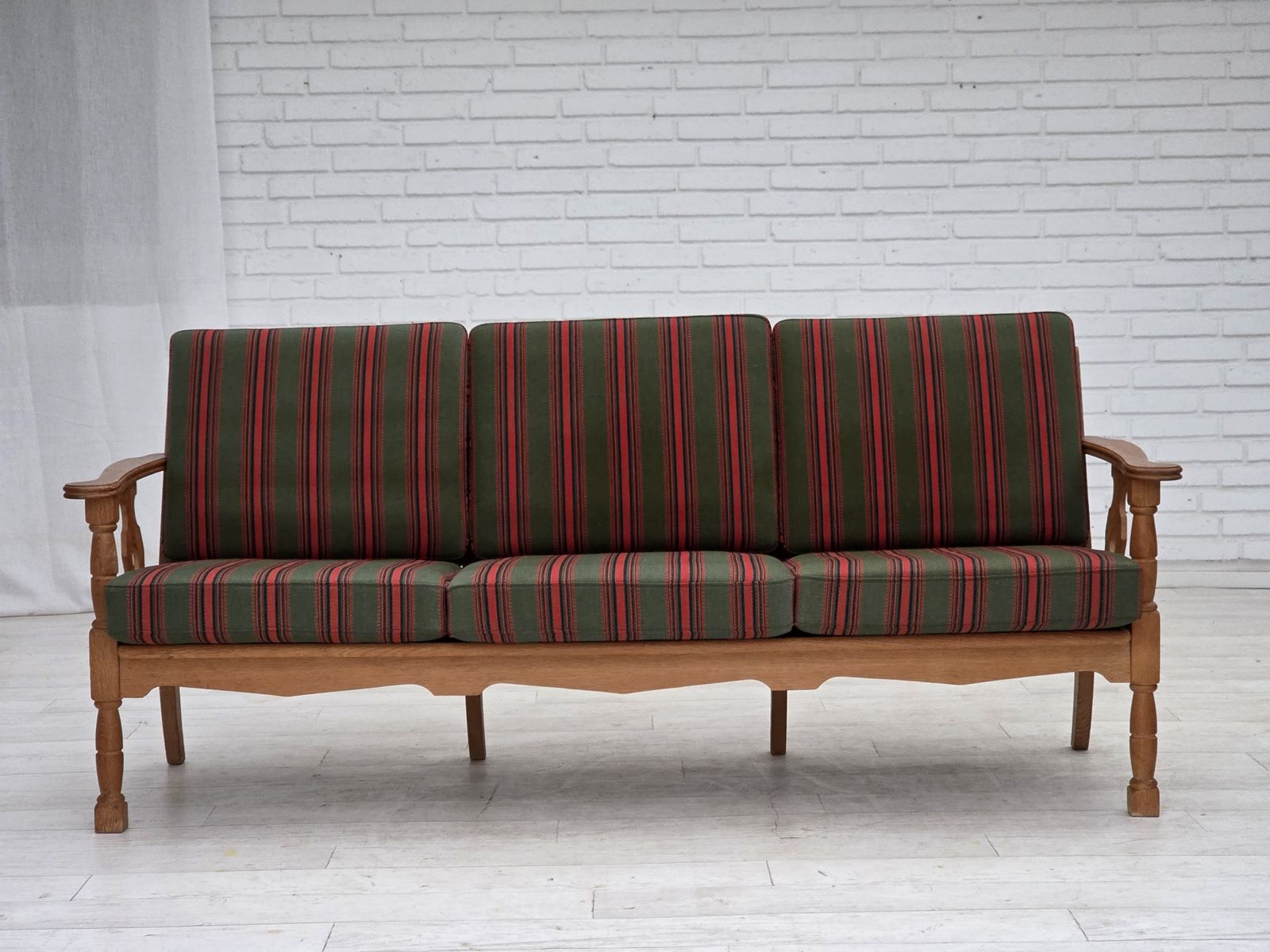 Furniture 1970s, Danish 3 Seater Sofa, Green Furniture Wool, Oak Wood. photo