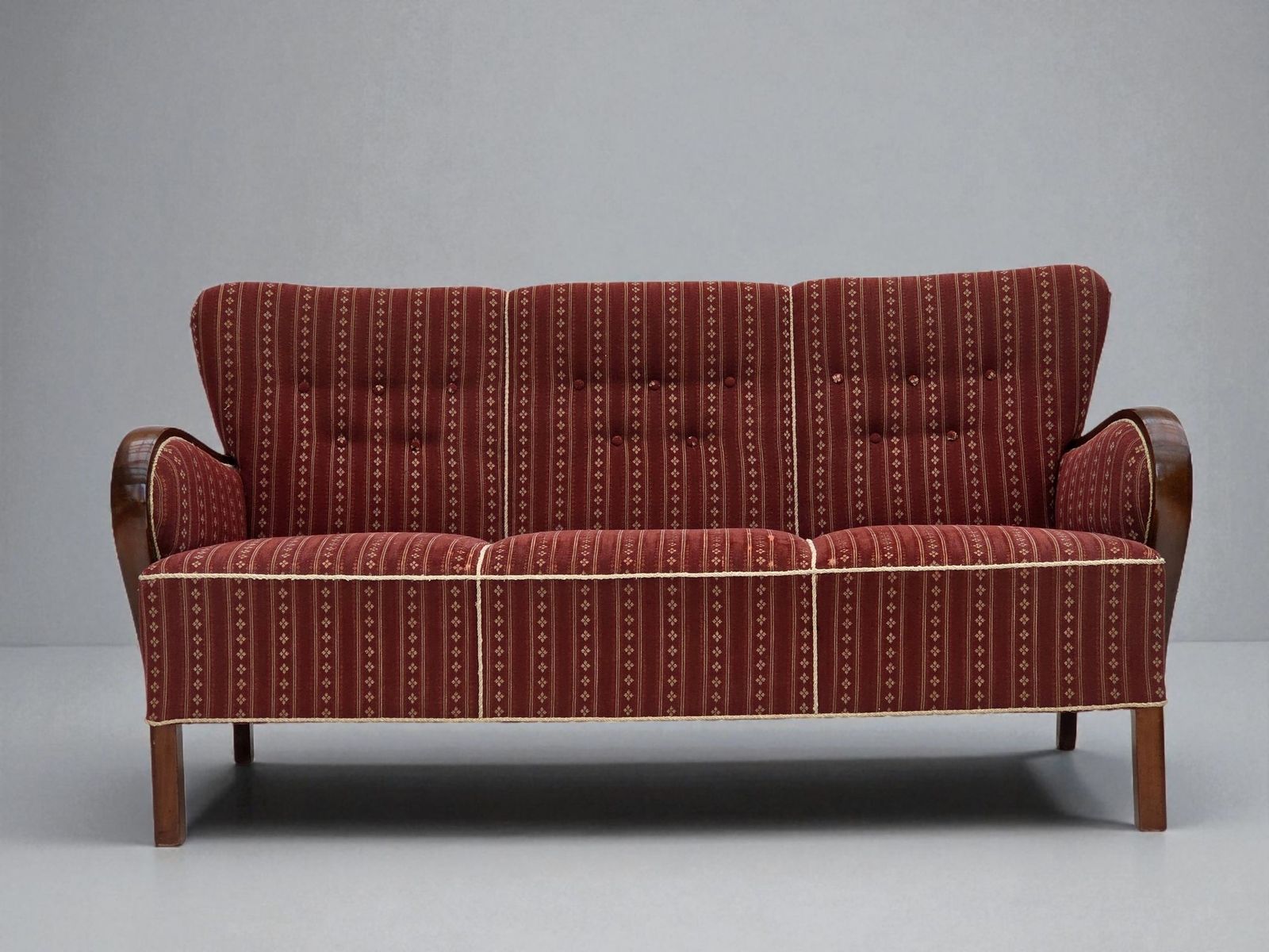 1960s, Danish 3 Seater Sofa, Red Furniture Wool, Beech Wood.