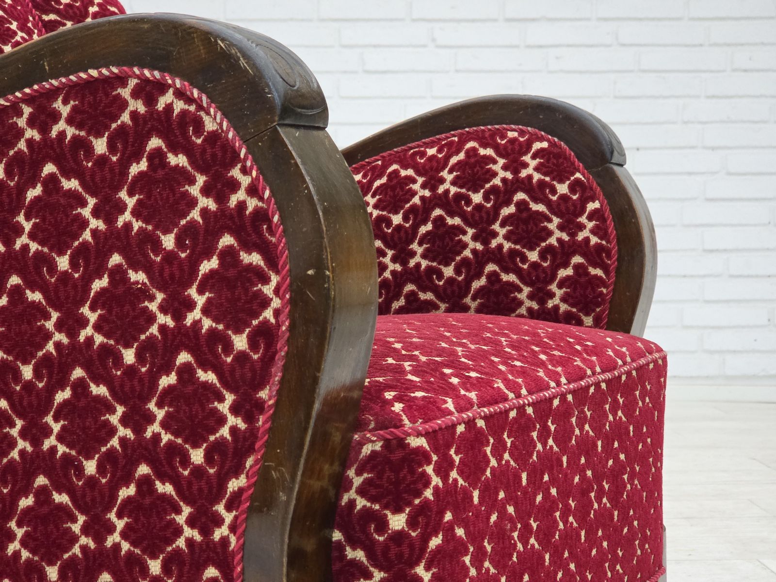 1960s, Danish Armchair, Cherry Red Furniture Velour, Oak Wood. photo for sale