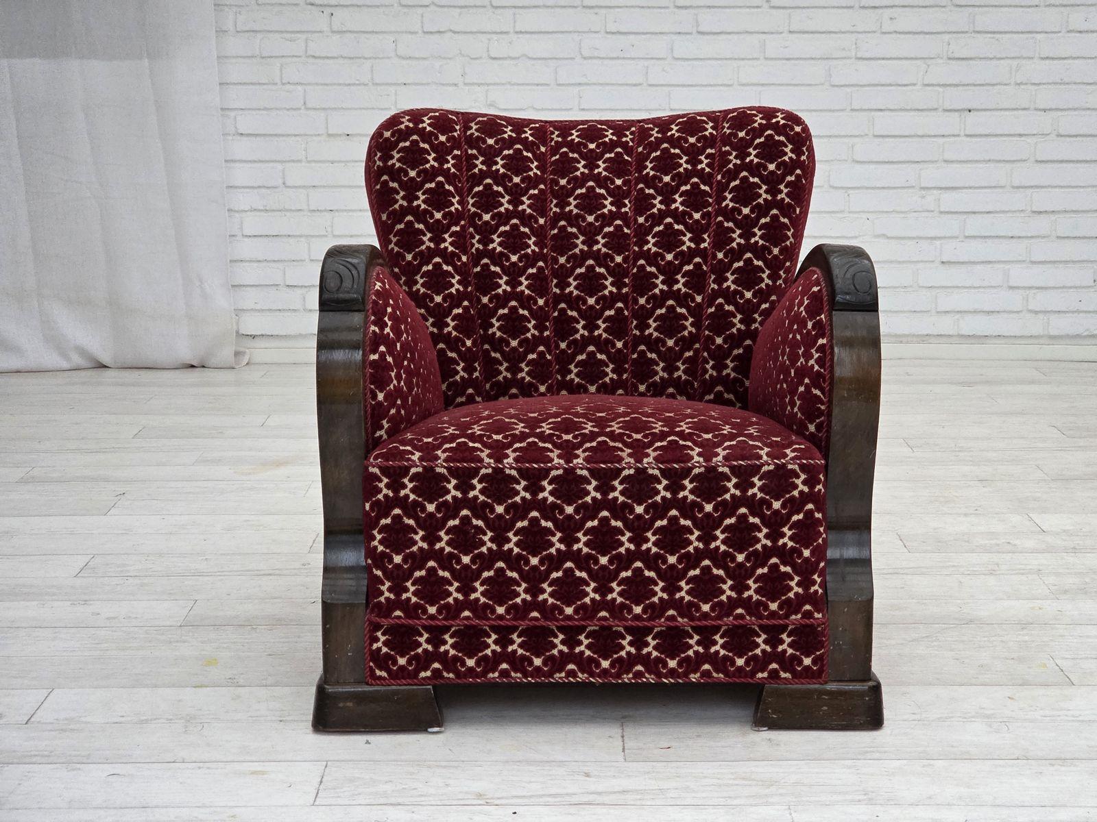 1960s, Danish Armchair, Cherry Red Furniture Velour, Oak Wood. photo buy