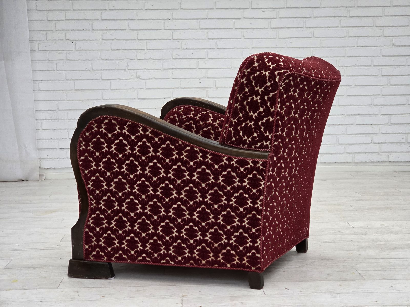 photo furniture 1960s, Danish Armchair, Cherry Red Furniture Velour, Oak Wood.